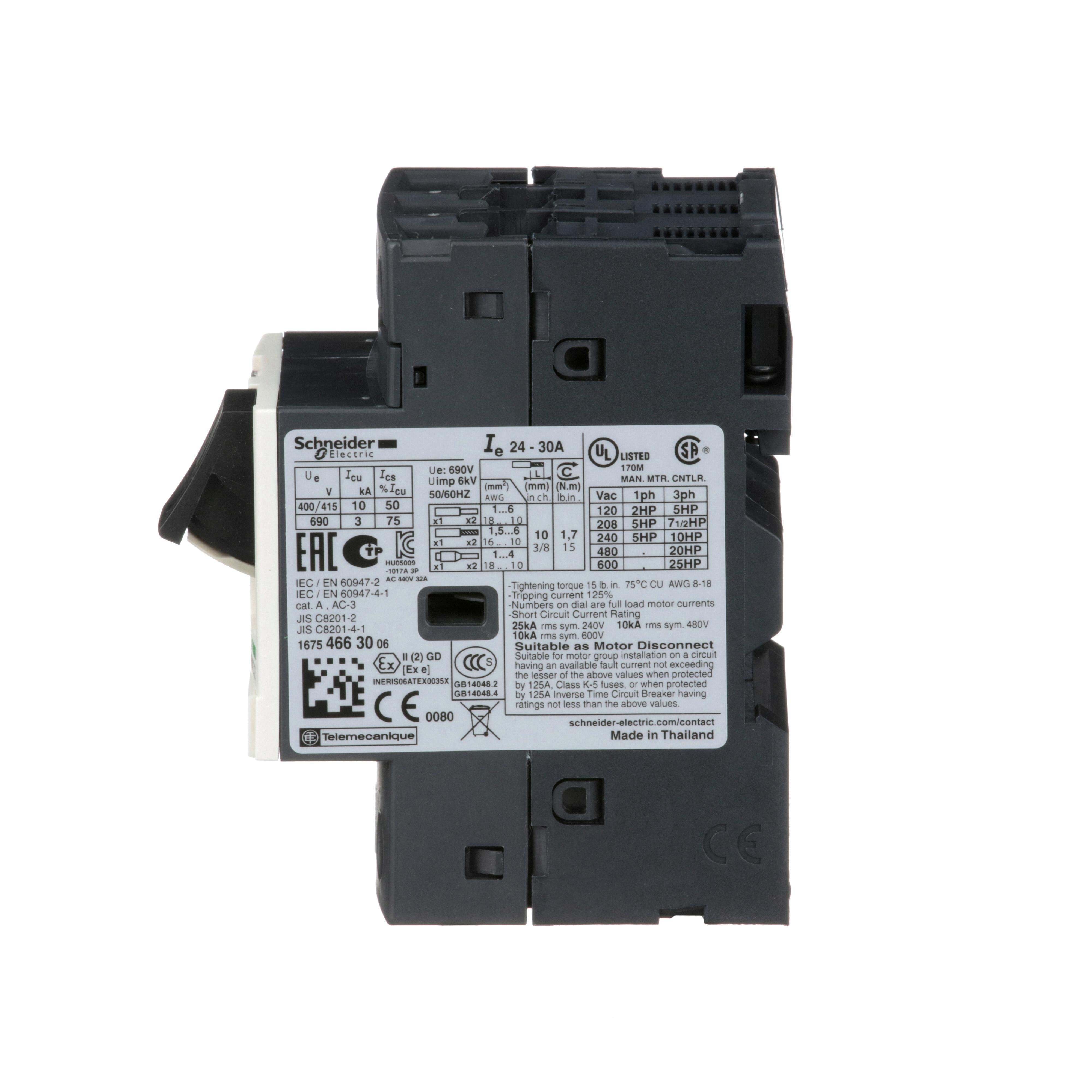 Picture of GV2ME32 - TeSys Deca Manual Starter and Protector, thermal magnetic circuit protector, push buttons, 24 to 32 A, screw clamp