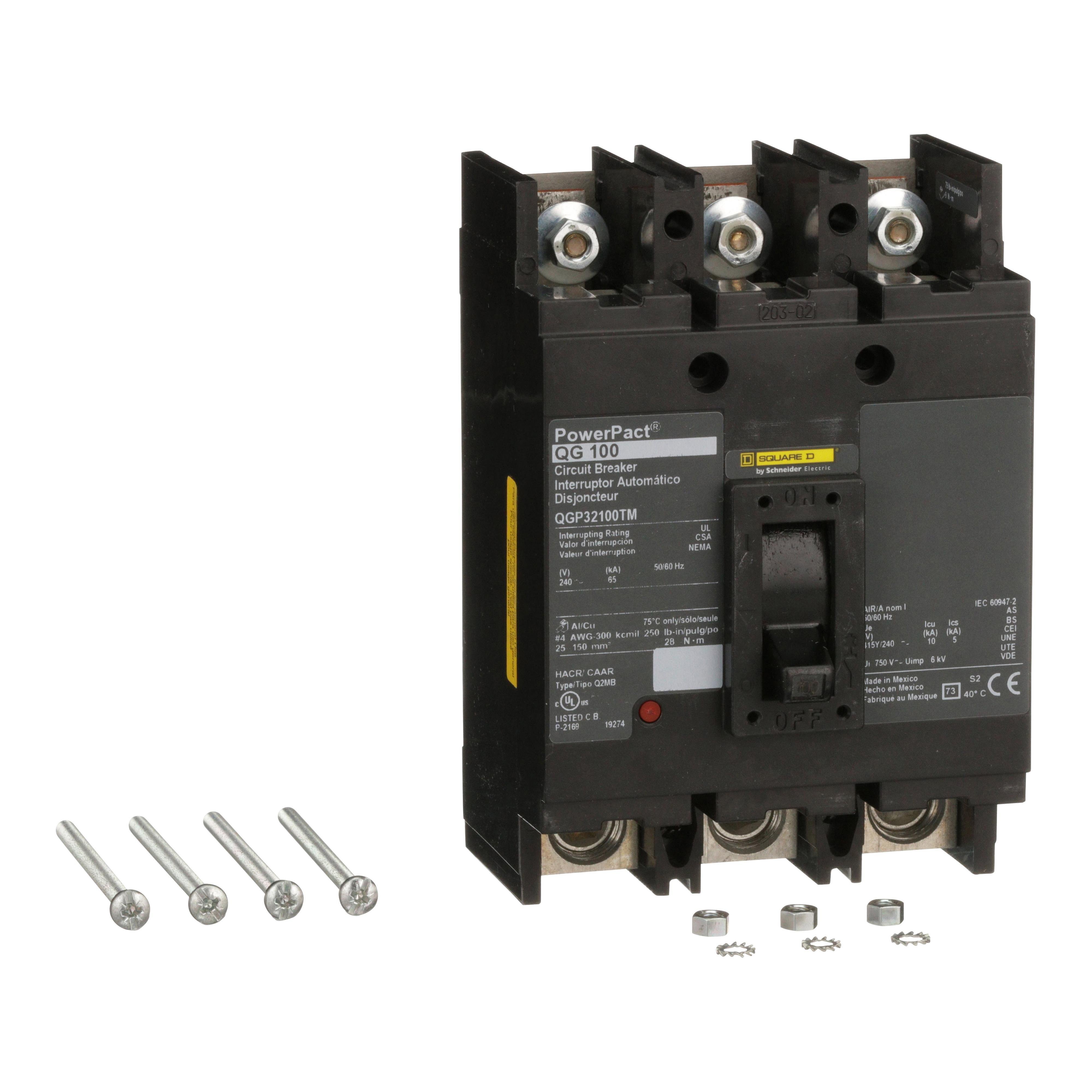 QGP32100TM - Circuit breaker, PowerPacT Q, 100A, 3 pole, 240VAC, 65kA, lugs, thermal magnetic, 80%, bottom of panel