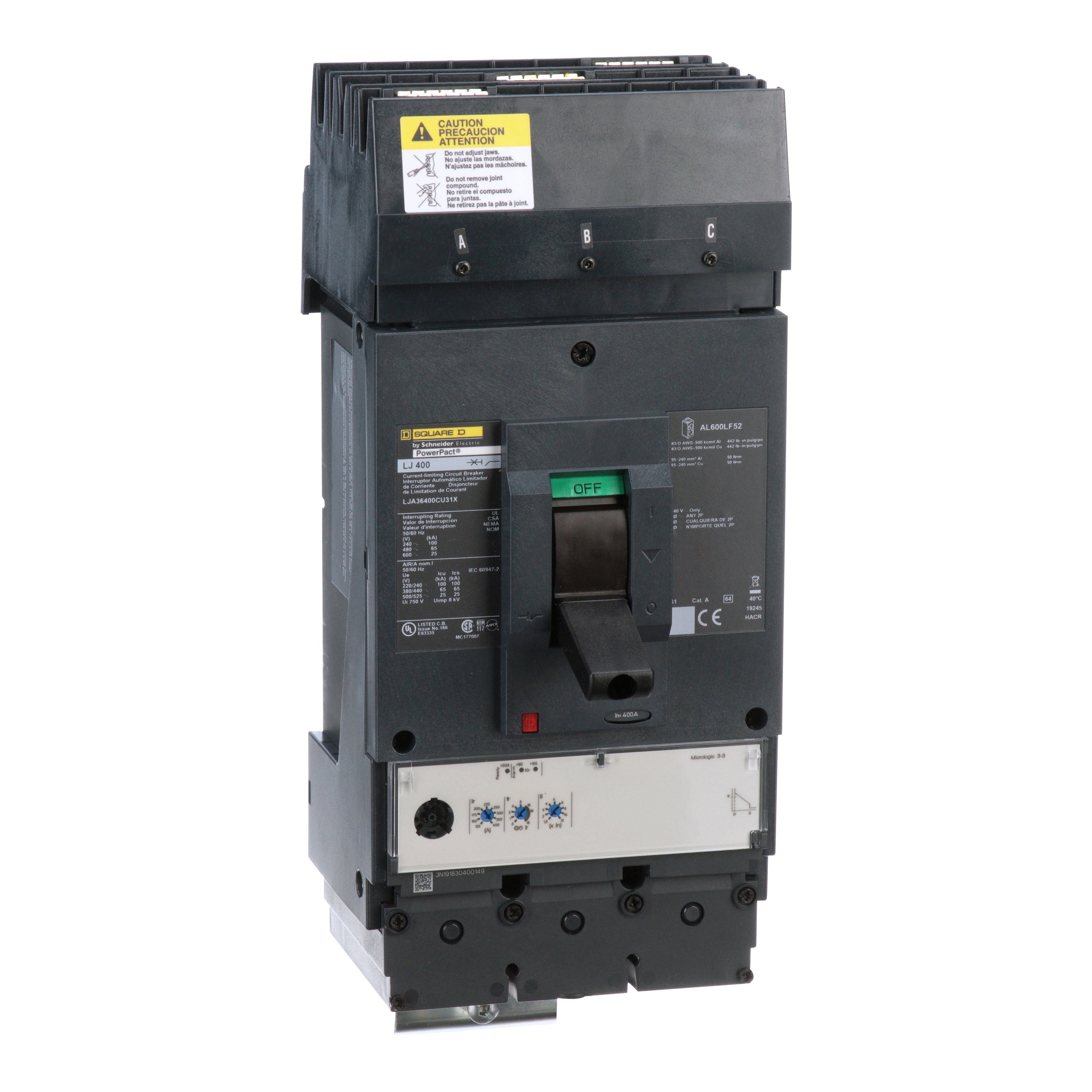 LJA36400CU31X - Circuit breaker, PowerPacT L, 400A, 3 pole, 600VAC, 25kA, I-Line, MicroLogic 3.3, 100%, ABC
