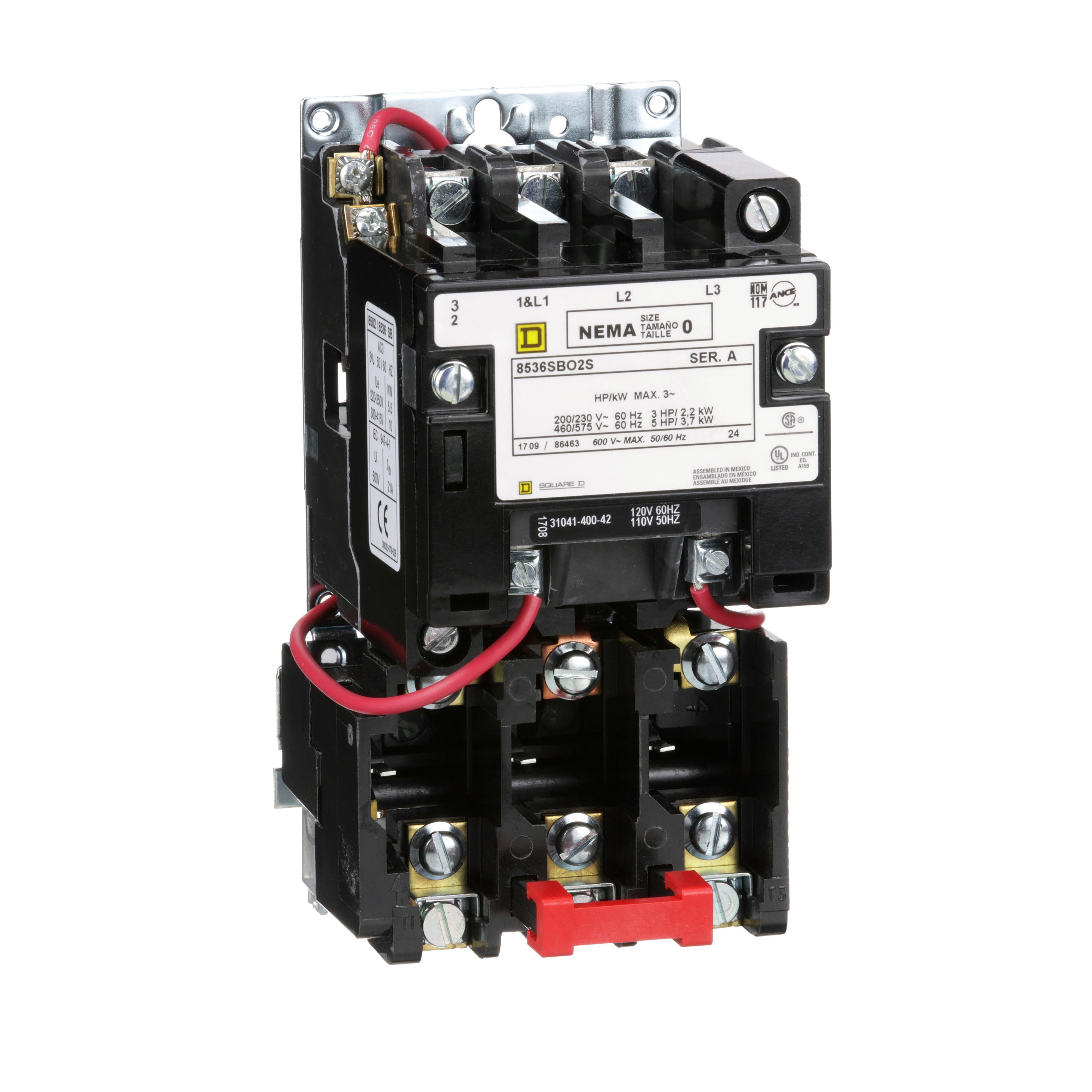Picture of 8536SBO2V02S - [TAA] NEMA motor starter, Type S, nonreversing, Size 0, 18A, 5HP at 460VAC, 5kA SCCR, 3 phase, 3 pole, melting alloy, 120VAC coil, open