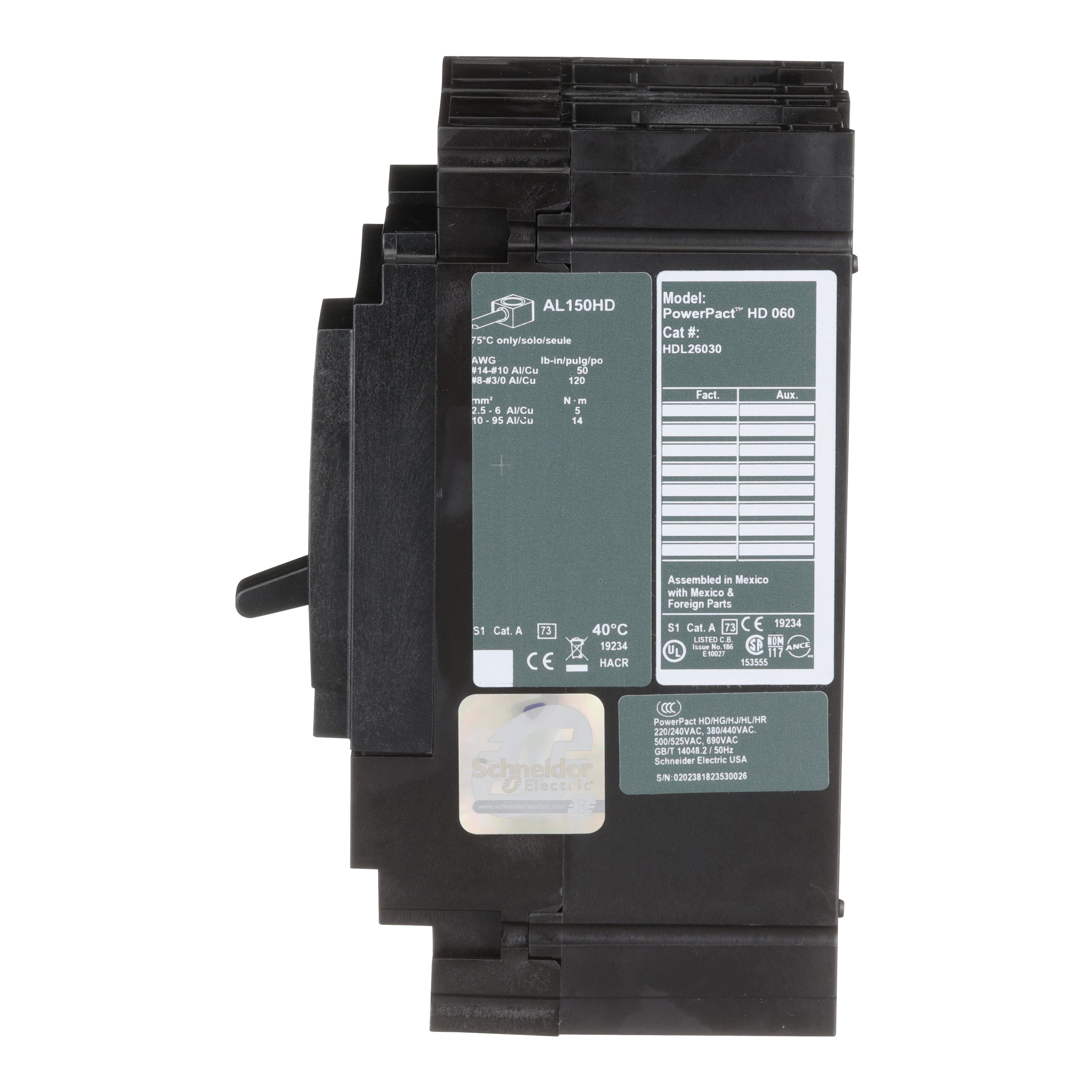 Picture of HDL26030 - Circuit breaker, PowerPacT H, 30A, 2 pole, 600VAC, 14kA, lugs, thermal magnetic, 80%