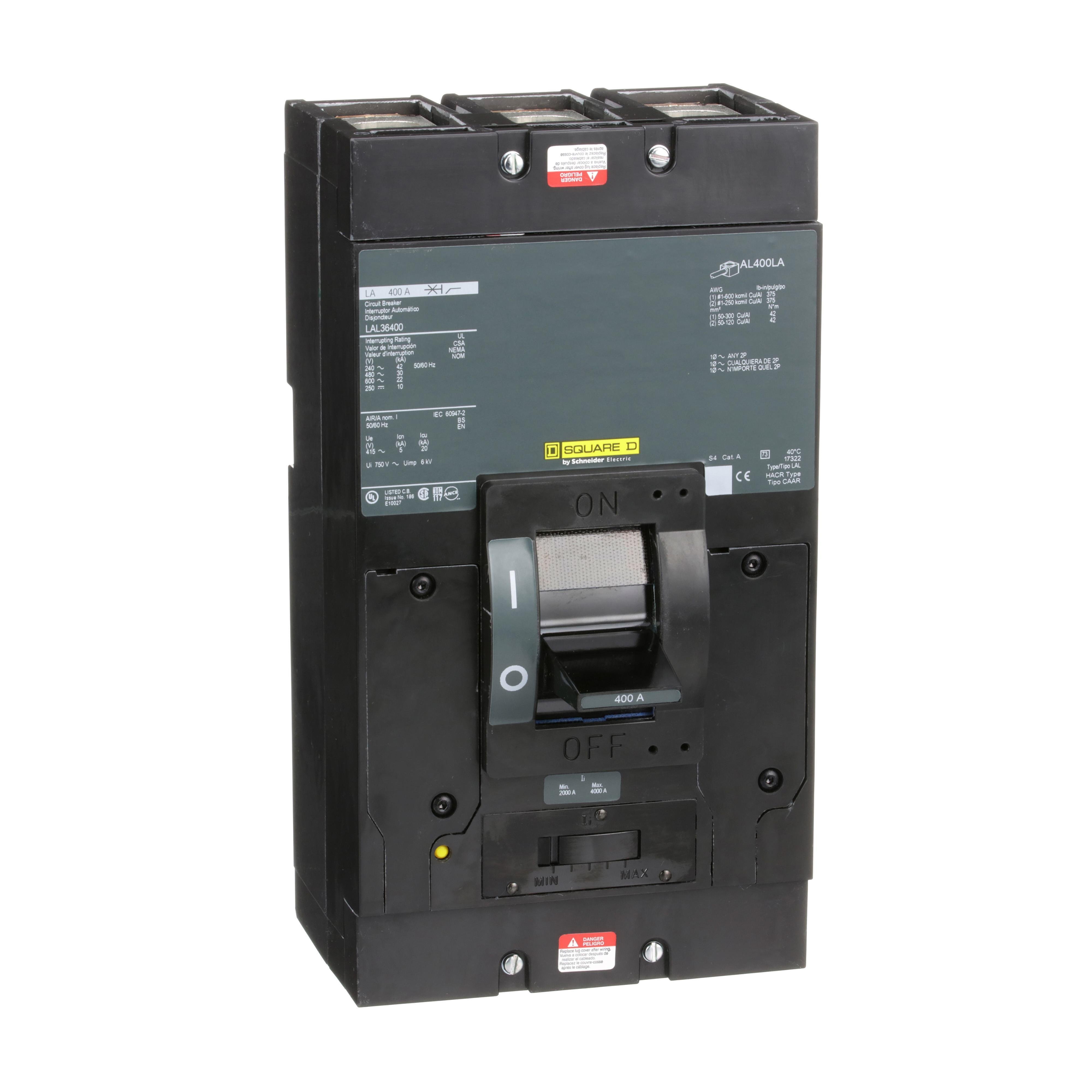 LAL36400 - Circuit breaker, LA, 400A, 3 pole, 600VAC, 22kA, 250VDC, 10kA, lugs, thermal magnetic