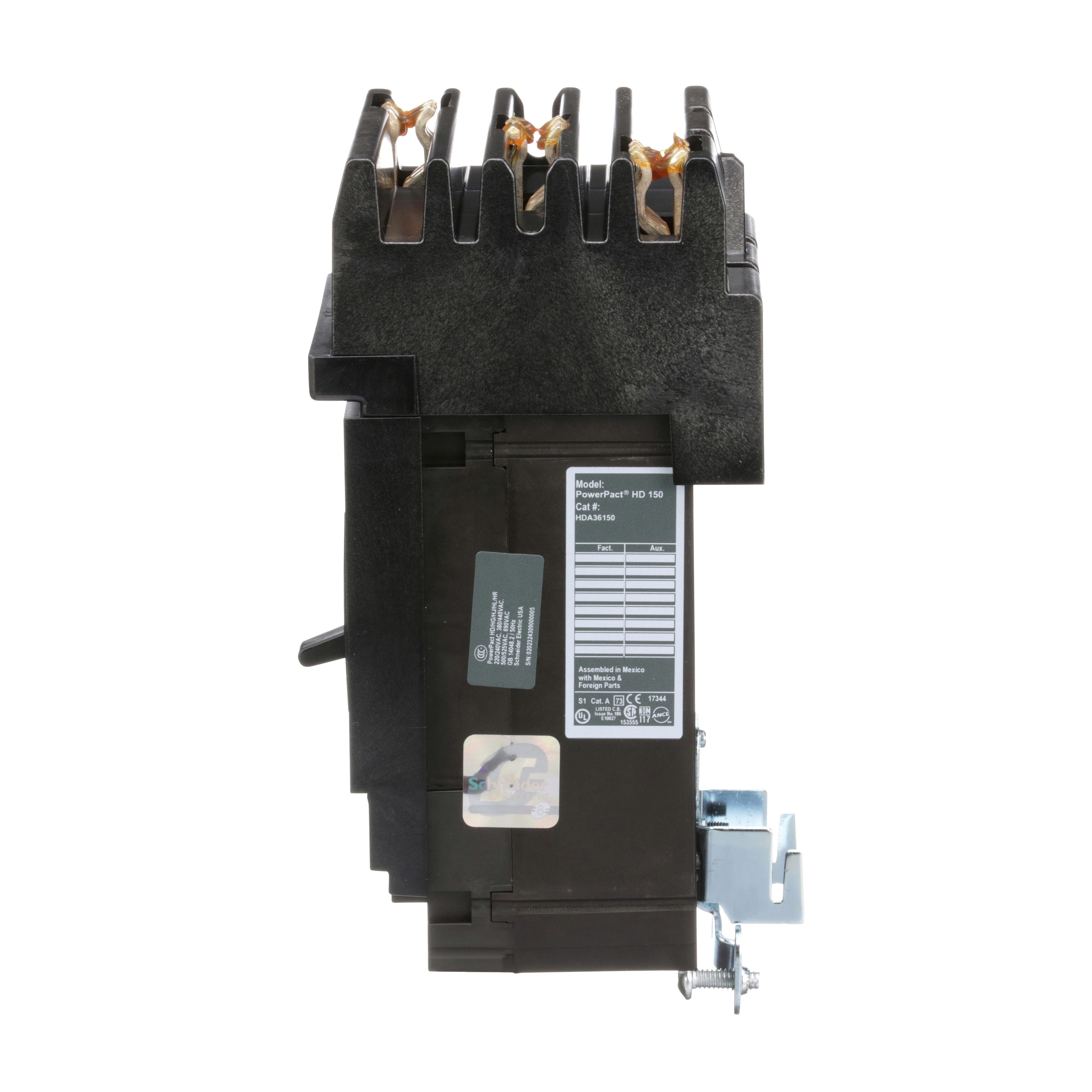 Picture of HDA36150 - Circuit breaker, PowerPacT H, 150A, 3 pole, 600VAC, 14kA, I-Line, thermal magnetic, 80%, ABC