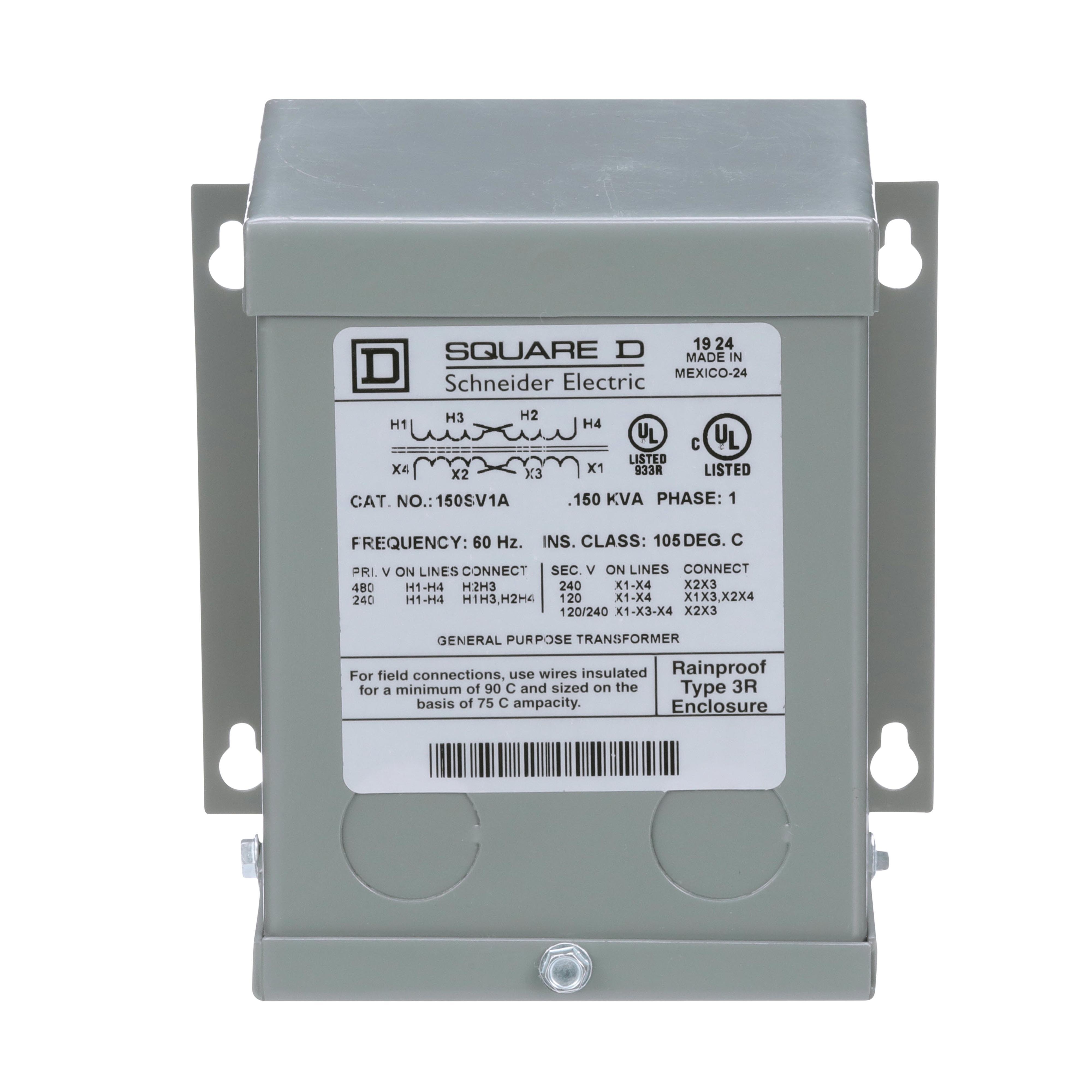 Picture of 150SV1A - Transformer, dry type, encapsulated, 0.15kVA, 1 phase, 240x480V primary, 120/240V secondary, 3A, 55C rise [TAA]