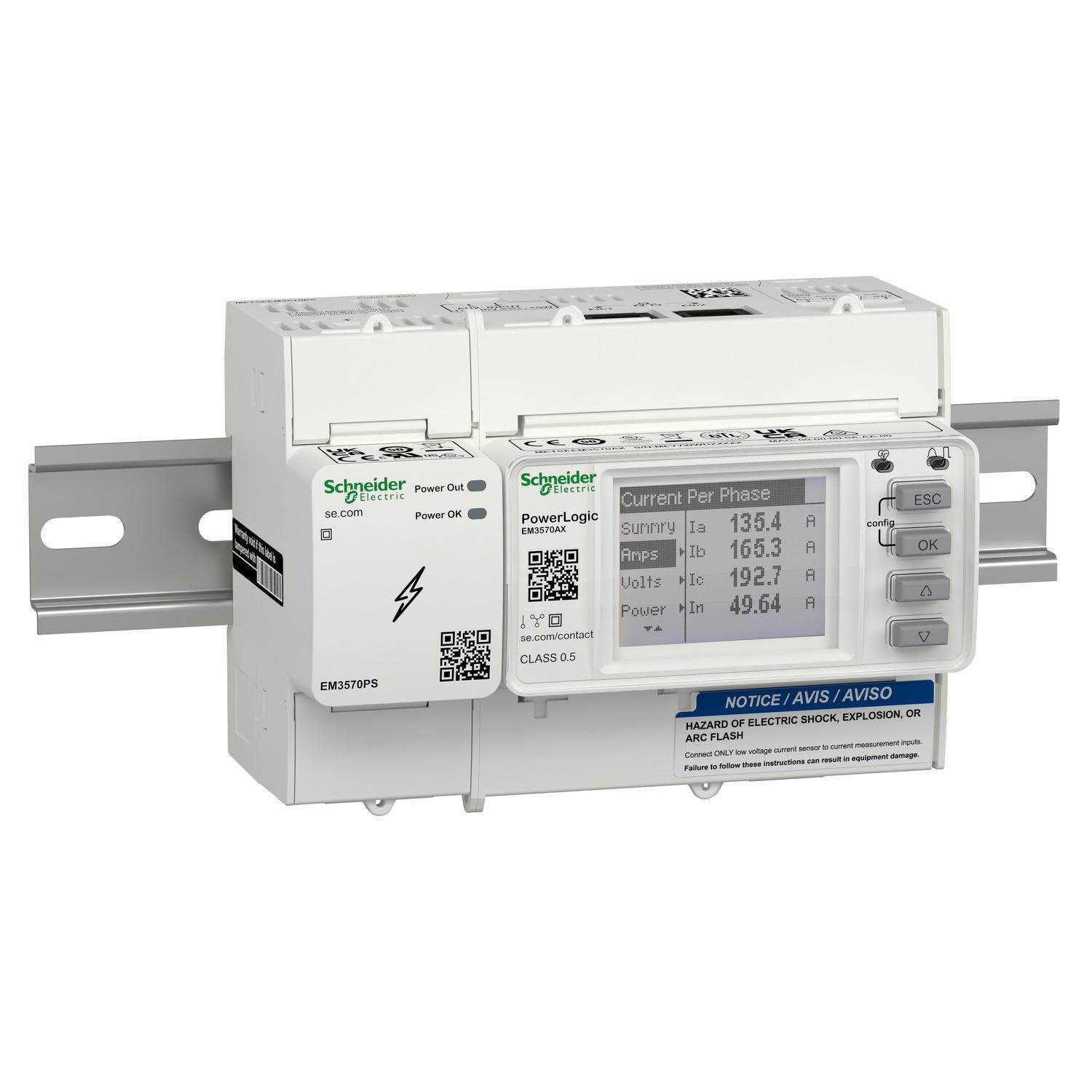 METSEEM3570A - DIN rail meter, PowerLogic EM3570, Ethernet, LVDC, Rogowski CT input bundled with external Power Supply