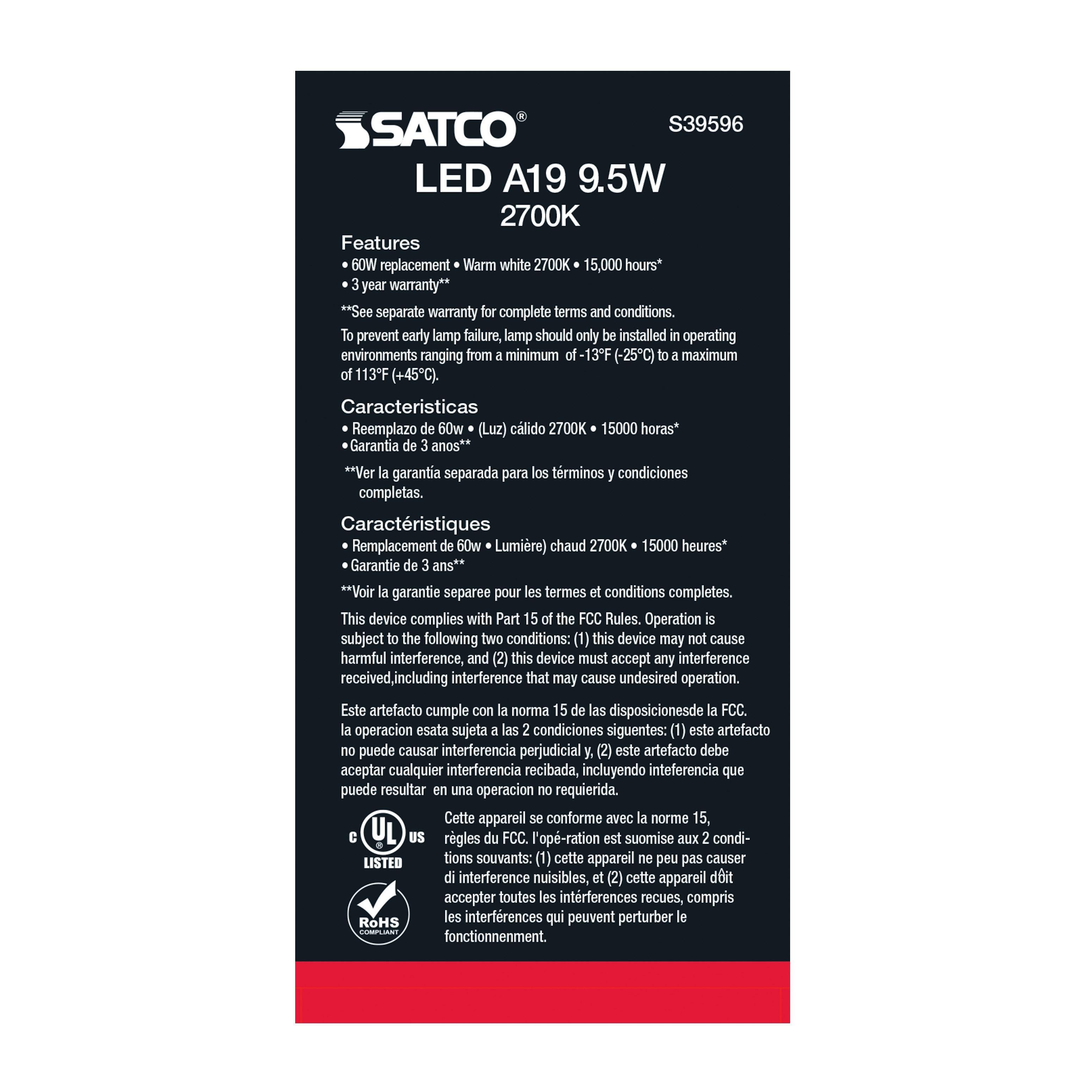 Picture of S39596 - 9.5W A19 LED Frosted, 2700K, Medium Base 220 Degree Beam Angle, 120V Non-Dimmable