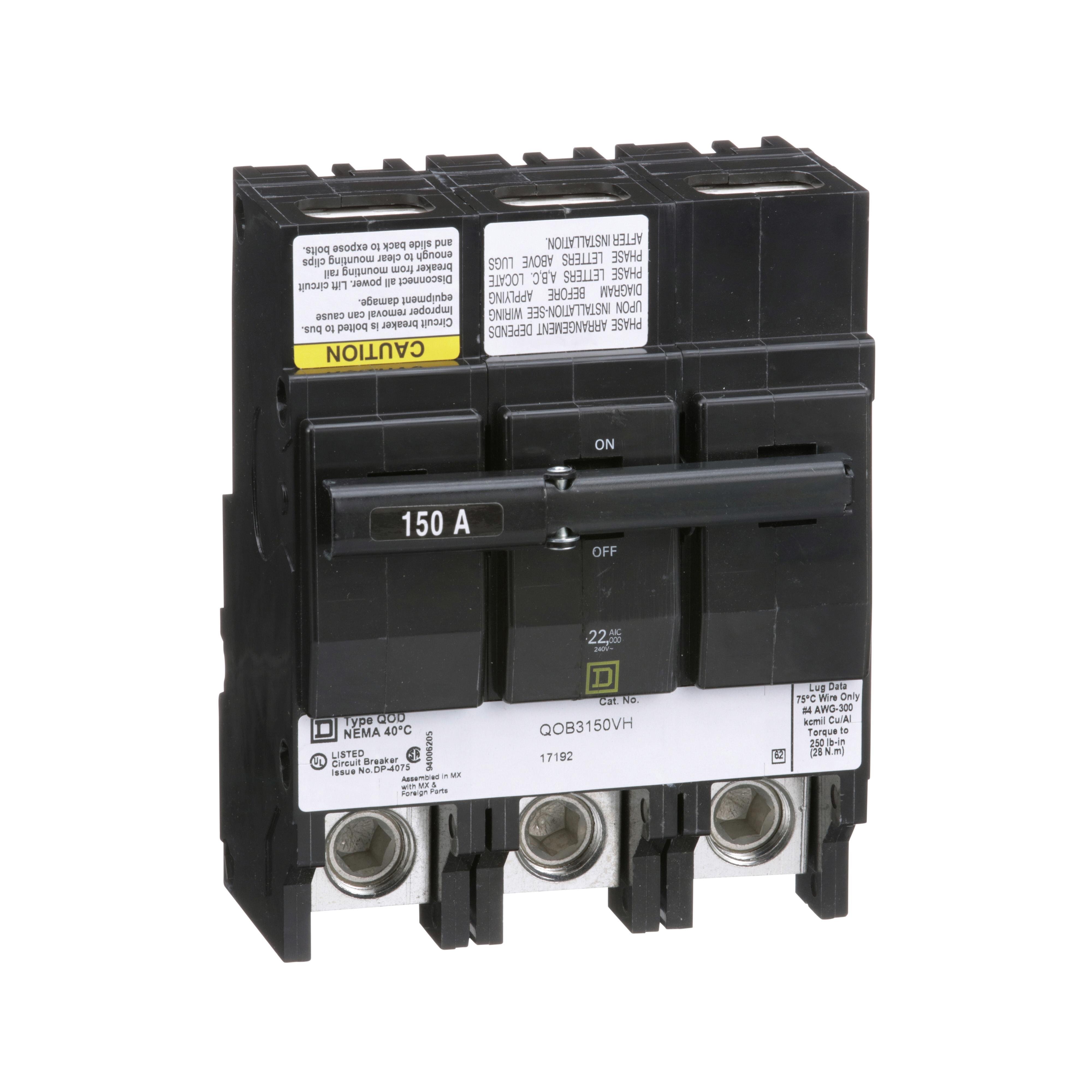 Picture of QOB3150VH - Mini circuit breaker, QO, 150A, 3 pole, 120/240VAC, 22kA, bolt on
