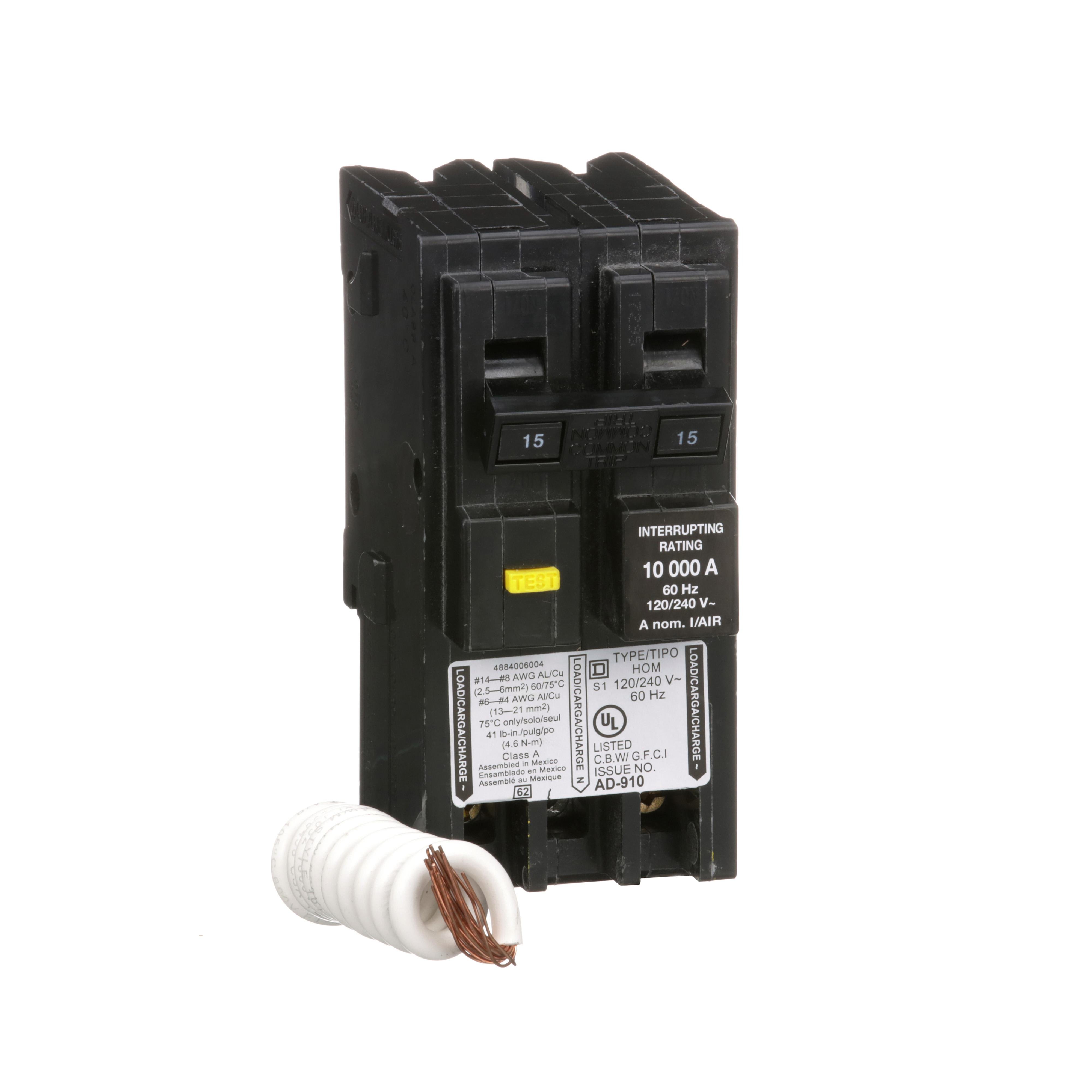 HOM215GFI - Mini circuit breaker, Homeline, 15A, 2 pole, 120/240VAC, 10kA AIR, ground fault class A, plug in, UL