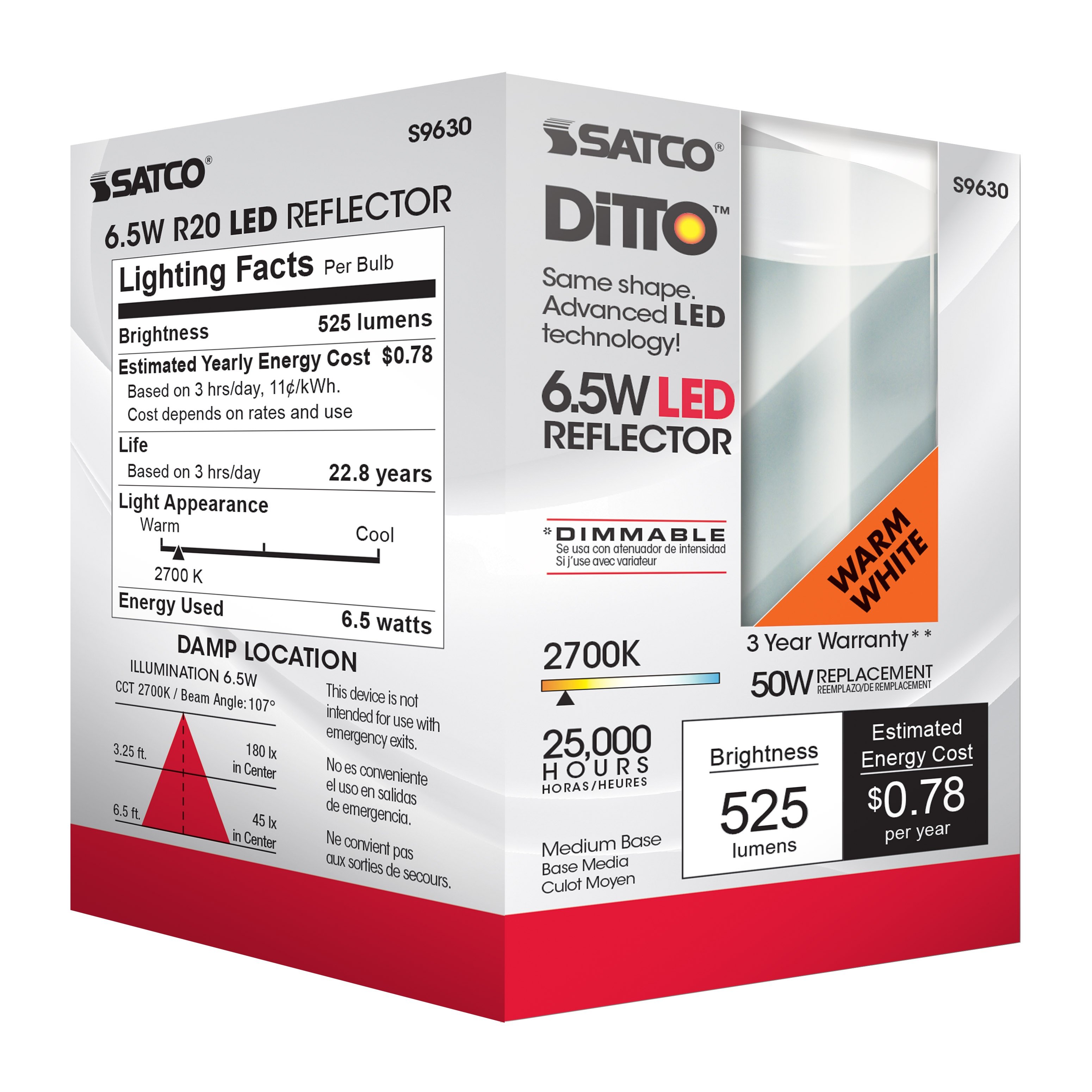 Picture of S9630 - 6.5 Watt - LED R20 - 2700K - 107 deg. Beam Angle - Medium base - 120 Volt - Dimmable