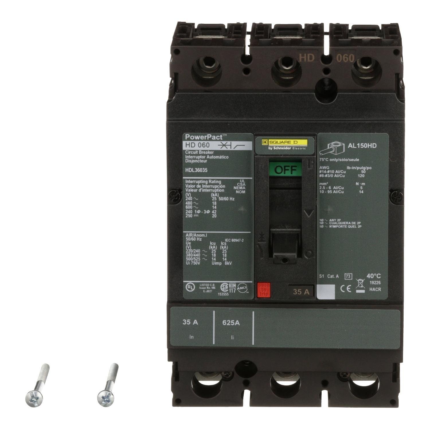 HDL36035 - Circuit breaker, PowerPacT H, 35A, 3 pole, 600VAC, 14kA, lugs, thermal magnetic, 80%