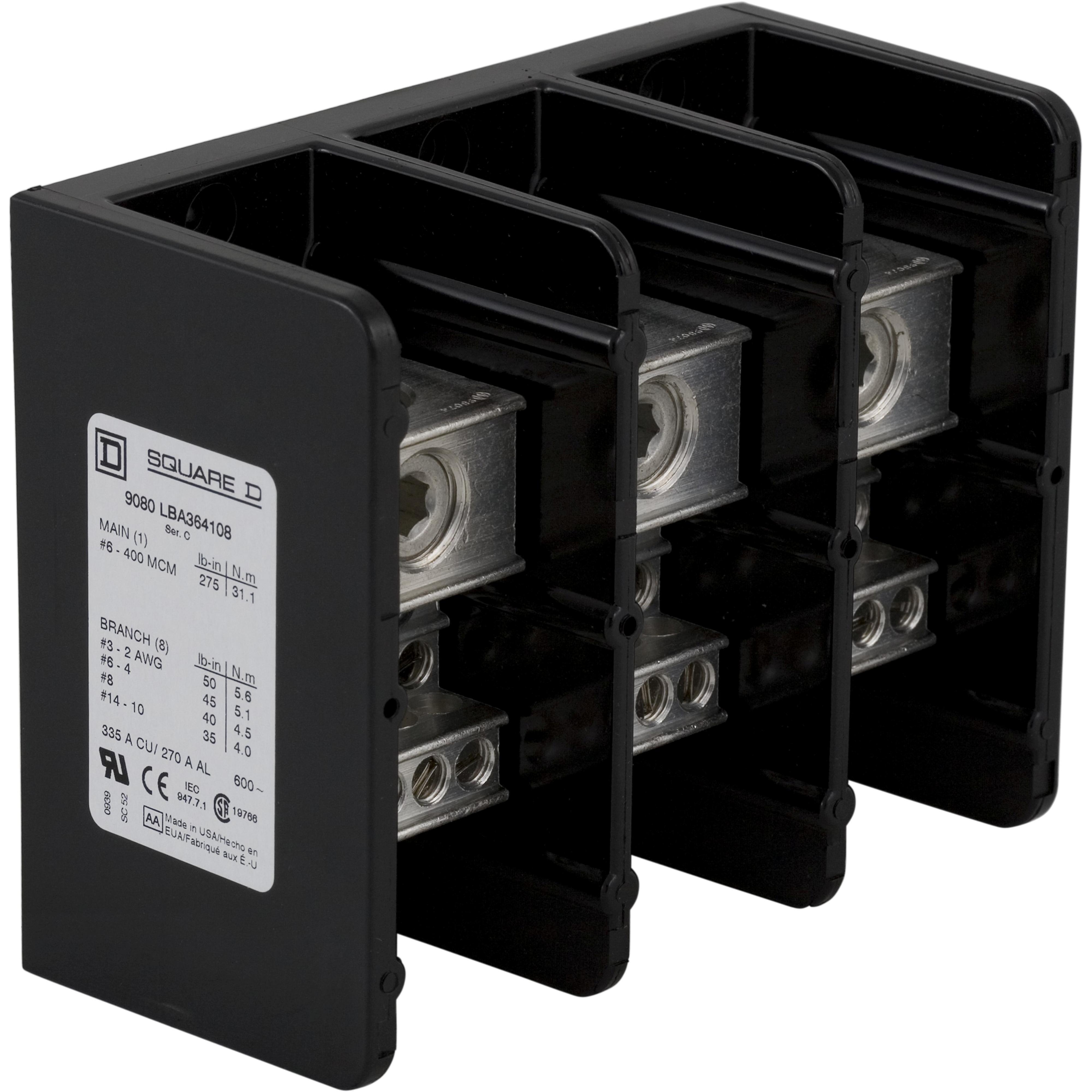 9080LBA364108 - Power distribution block, Linergy, 3 pole, 1 line, 8 load, 335A Cu, 270A Al, 600V