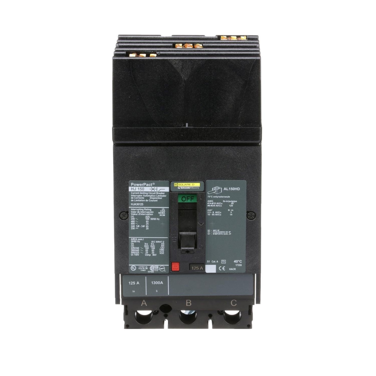 HJA36125 - Circuit breaker, PowerPacT H, 125A, 3 pole, 600VAC, 25kA, I-Line, thermal magnetic, 80%, ABC