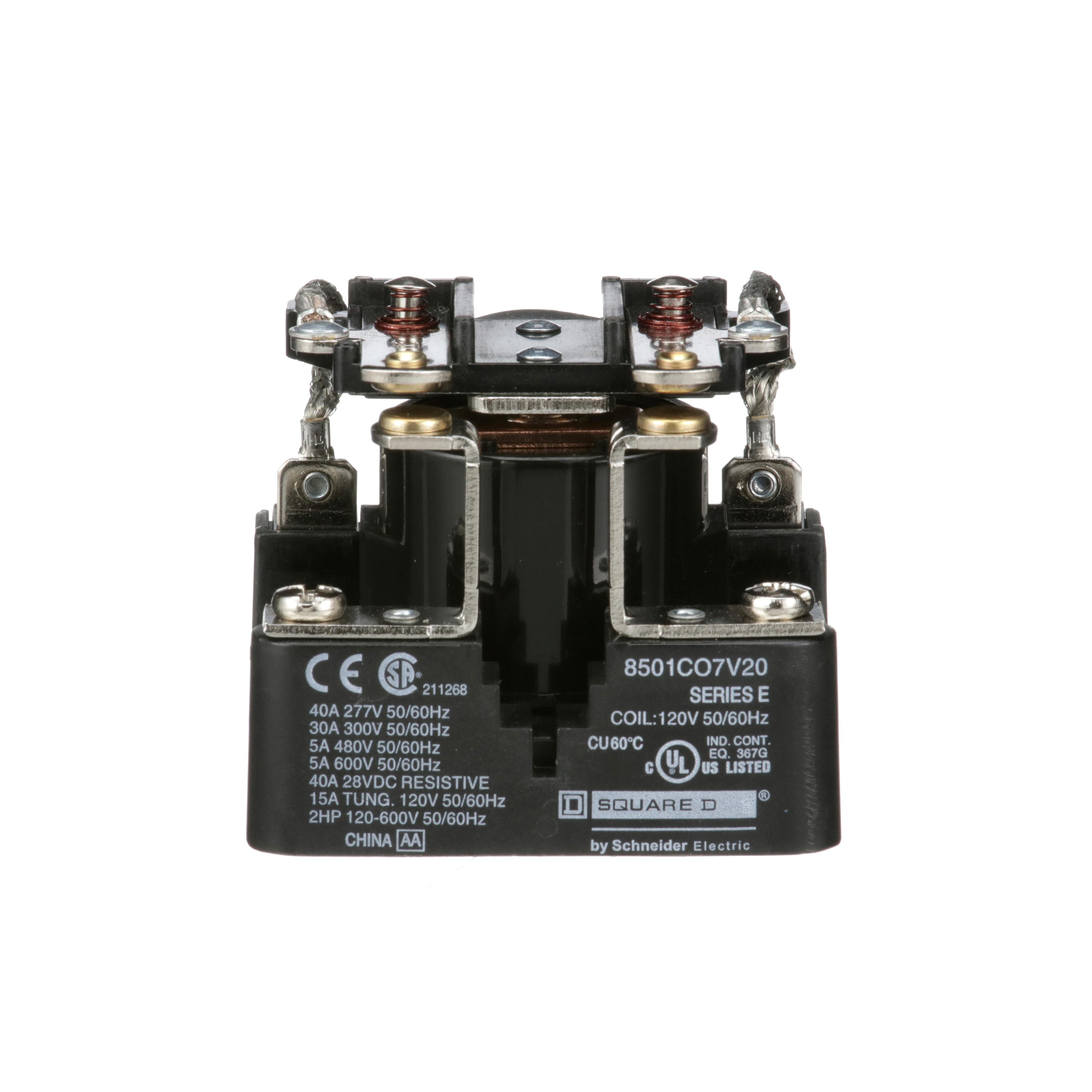8501CO7V20 - Power Relay, Type C, 2 HP, 30A resistive at 300 VAC, DPST, 2 normally open contacts, 120 VAC coil