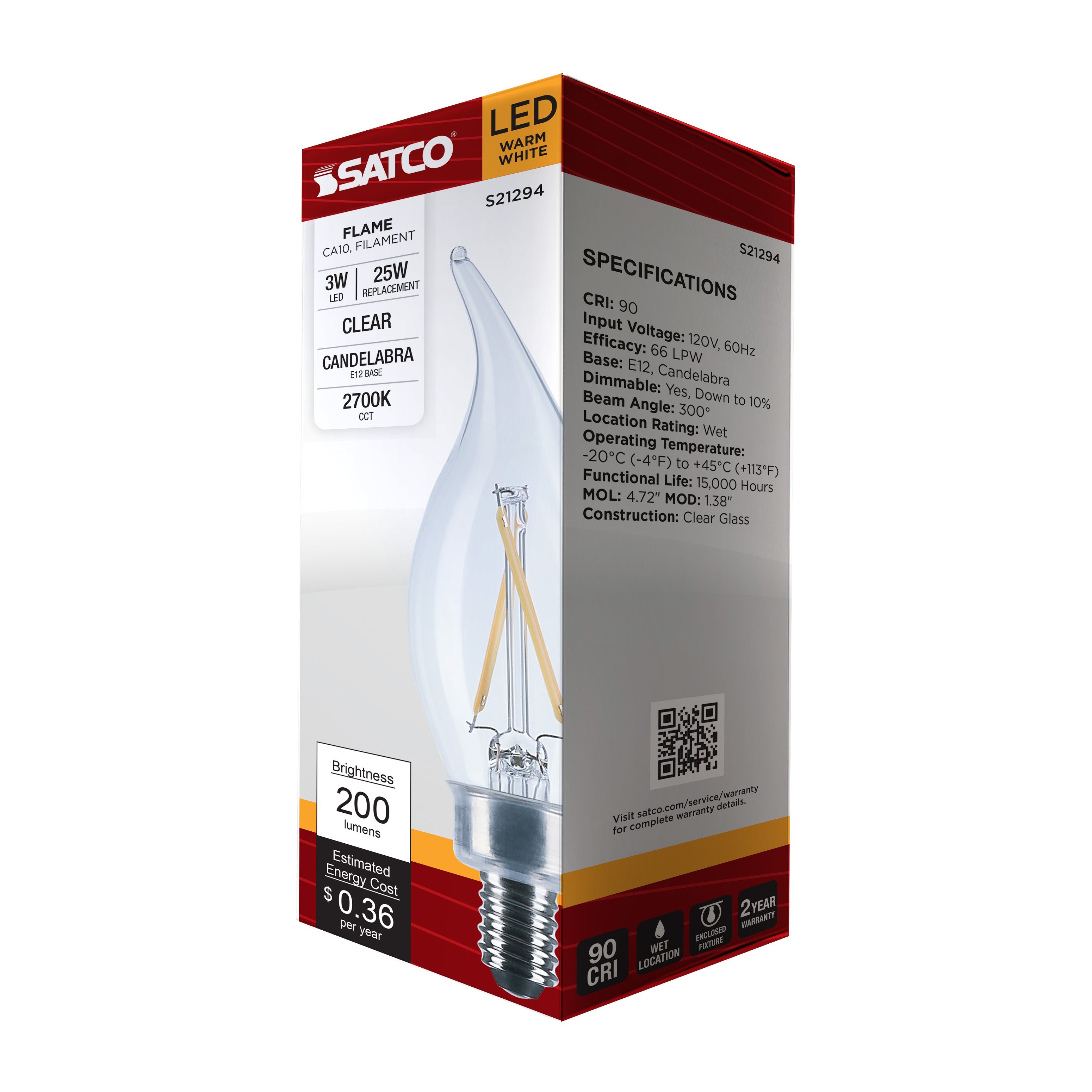 Picture of S21294 - 3 Watt CA10 LED - Clear - Candelabra base - 90 CRI - 2700K - 120 Volt