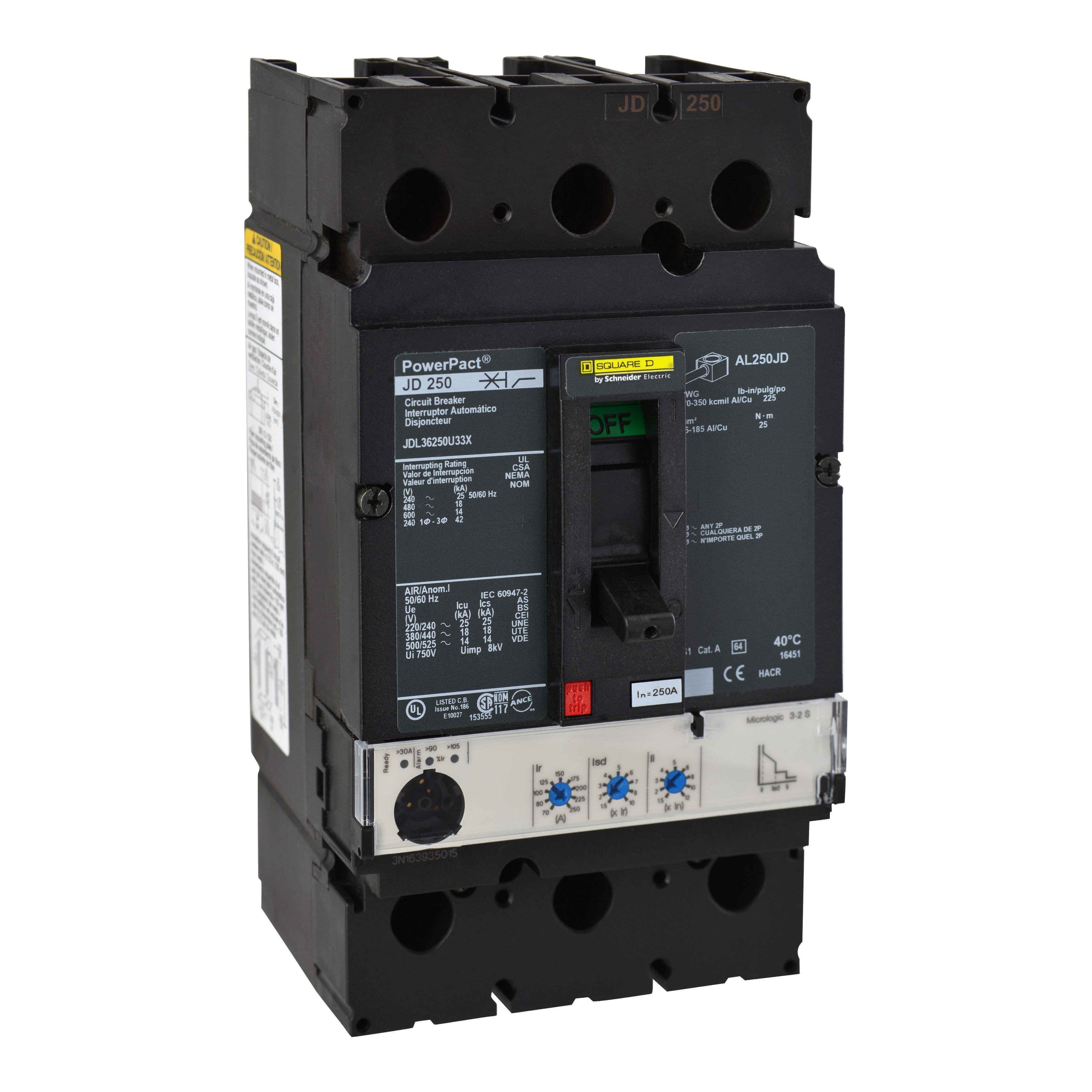 JDL36250U33X - Circuit breaker, PowerPacT J, 250A, 3 pole, 600VAC, 14kA, lugs, Micrologic 3.2S, 80%