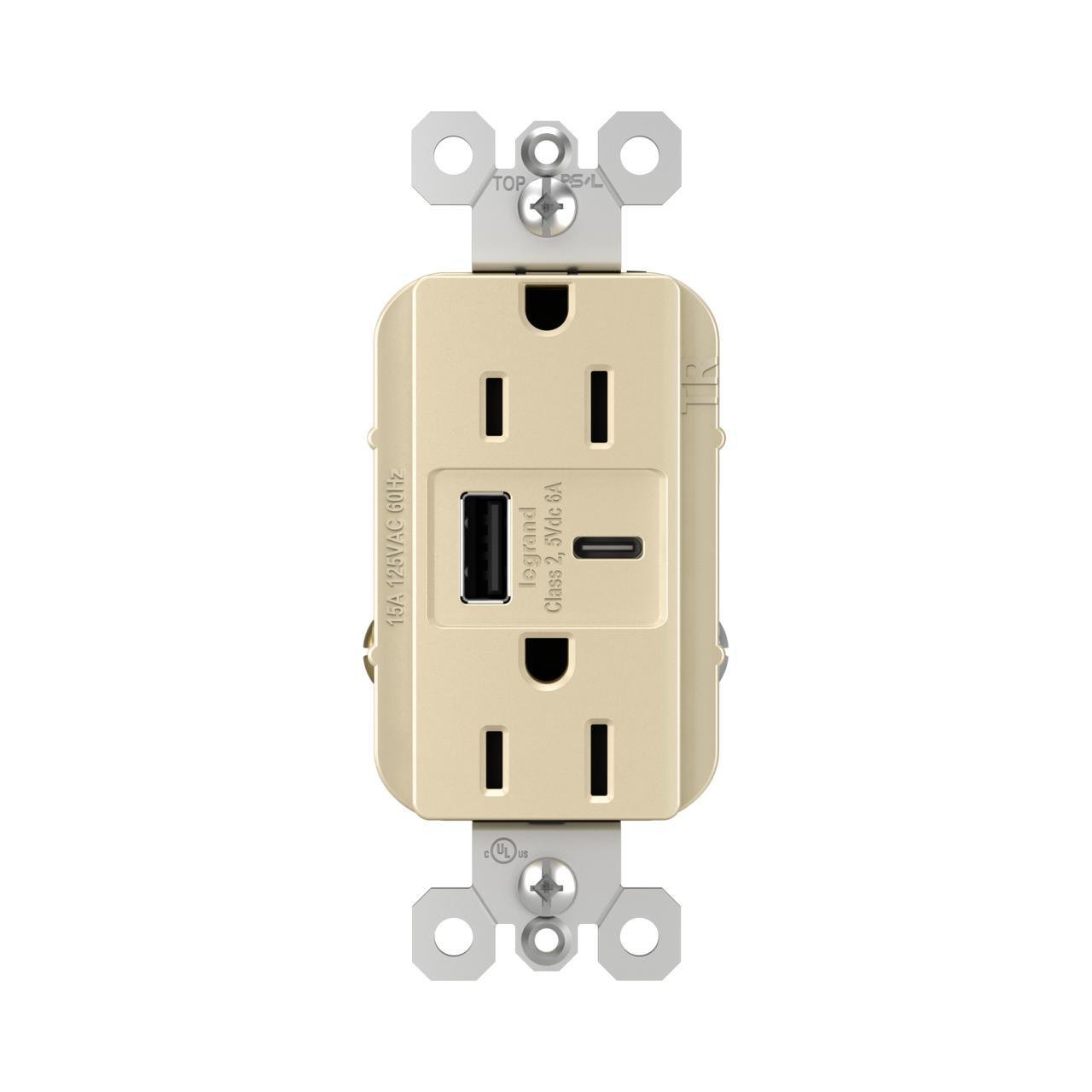 R26USBAC6I - radiant® 15A Tamper-Resistant Ultra-Fast USB Type A/C Outlet, Ivory