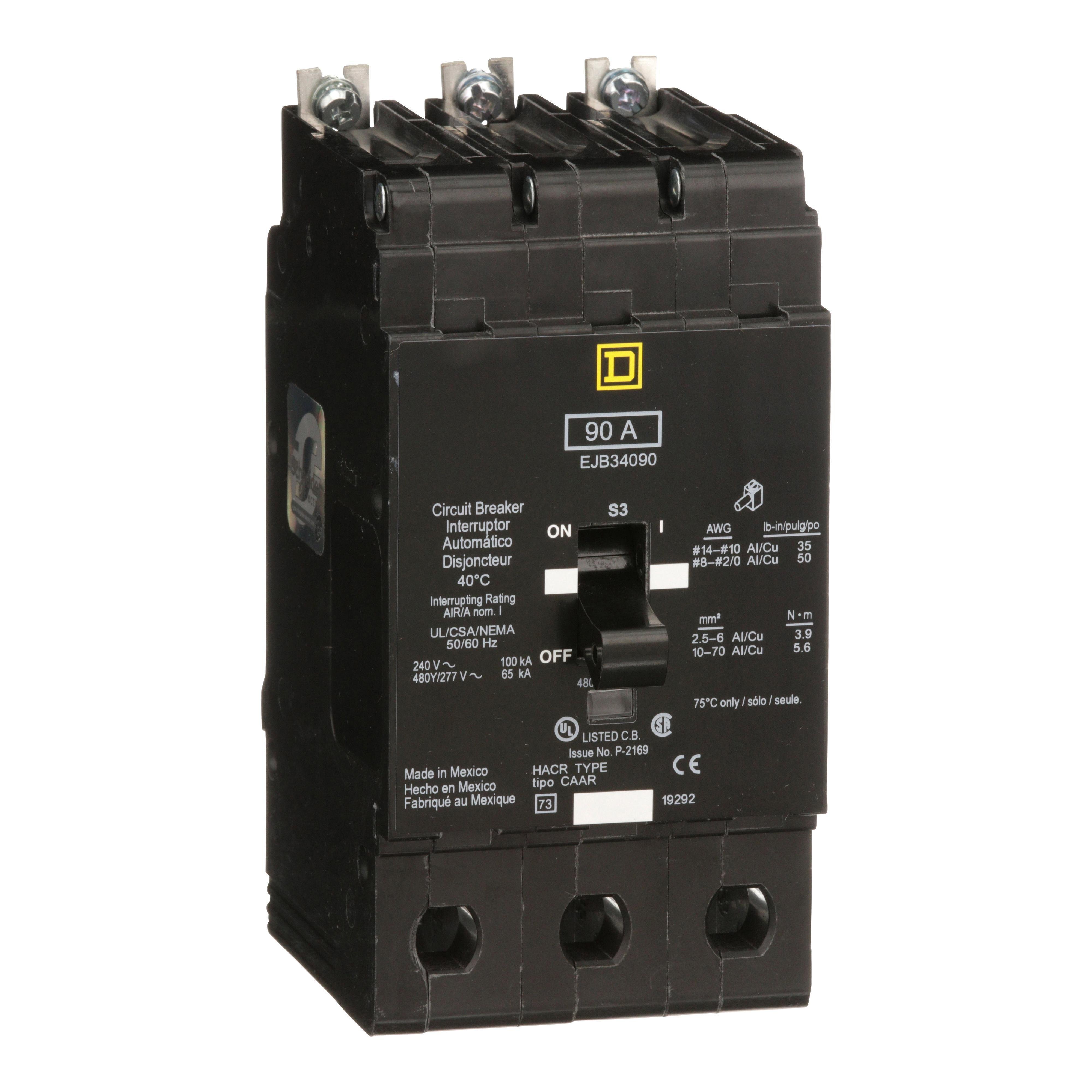 Picture of EJB34090 - Mini circuit breaker, E-Frame, 90A, 3 pole, 480Y/277VAC, 100kA max, bolt on [TAA]