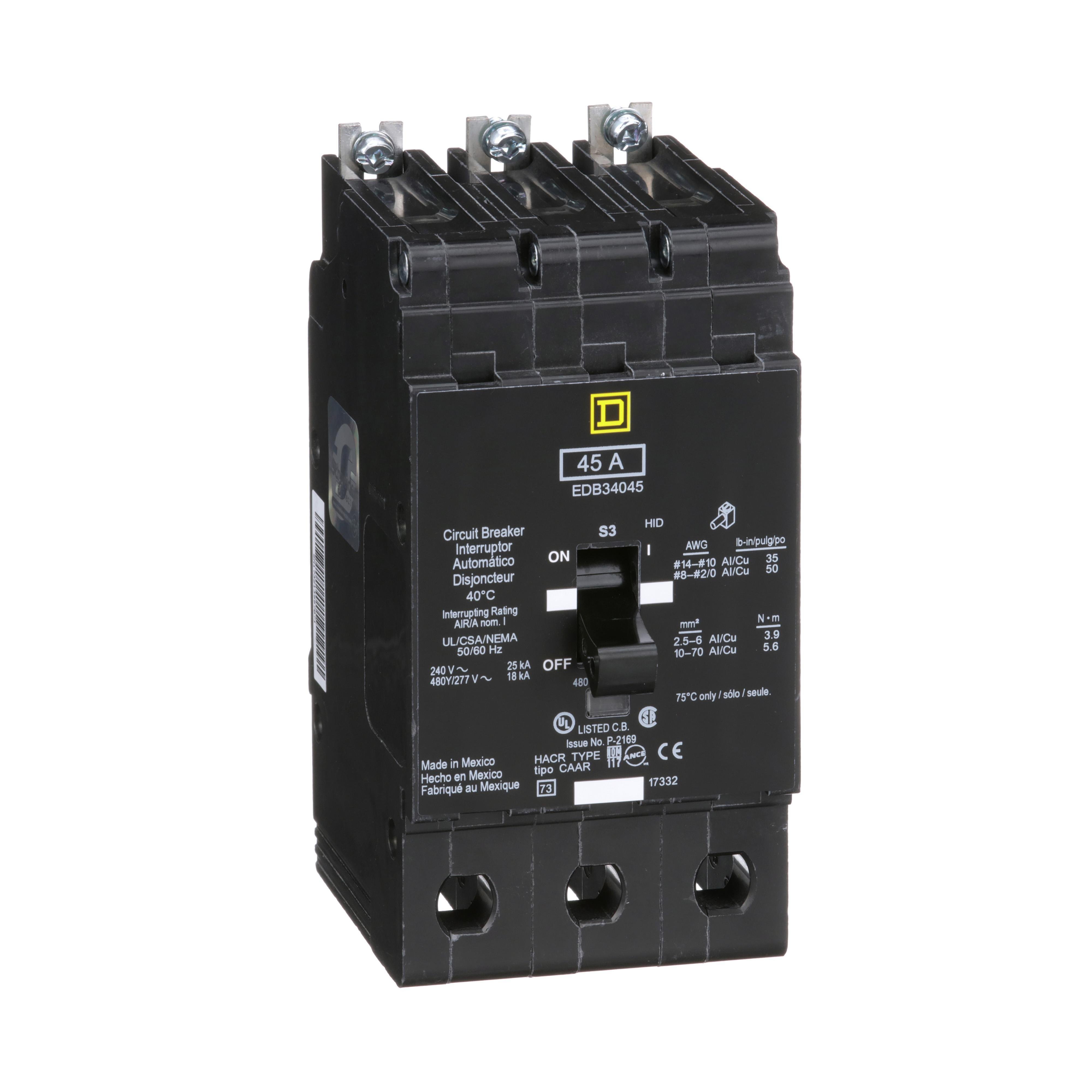 EDB34045 - Mini circuit breaker, E-Frame, 45A, 3 pole, 480Y/277VAC, 25kA max, bolt on [TAA]