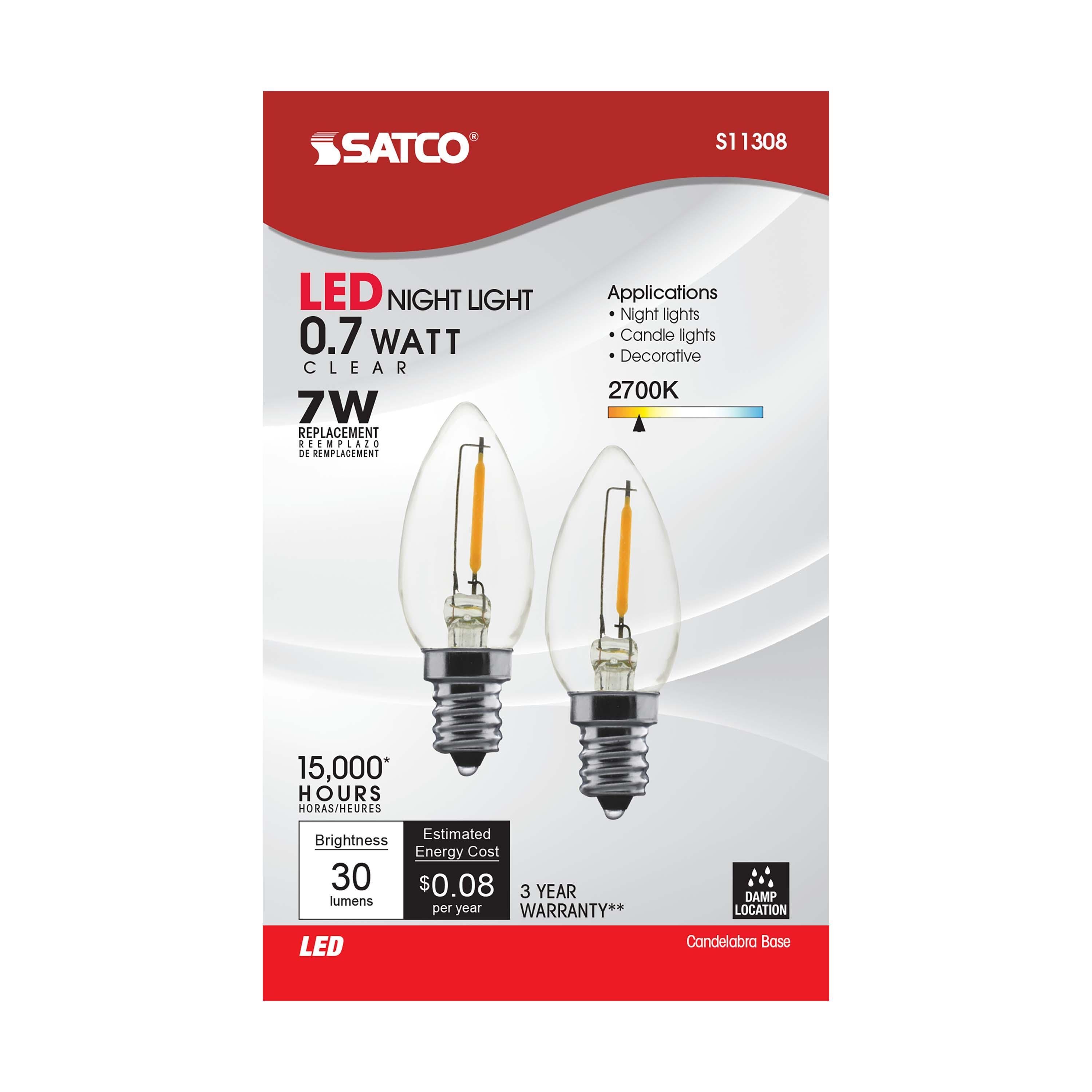 Picture of S11308 - 0.7 Watt LED - C7 - Clear - 2700K - Candelabra base - 120 Volt - Carded 2 Pack