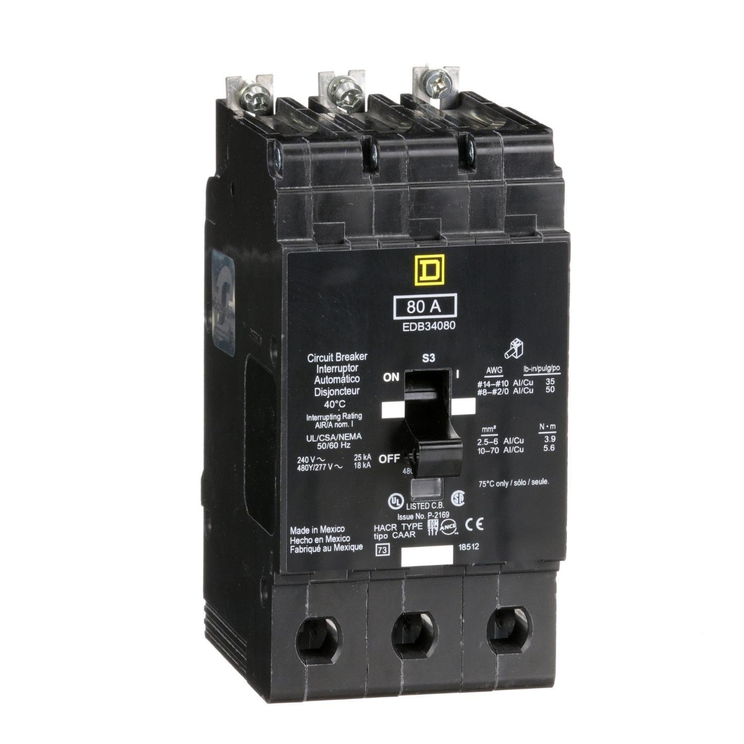 EDB34080 - [TAA] Mini circuit breaker, E-Frame, 80A, 3 pole, 480Y/277VAC, 25kA max, bolt on