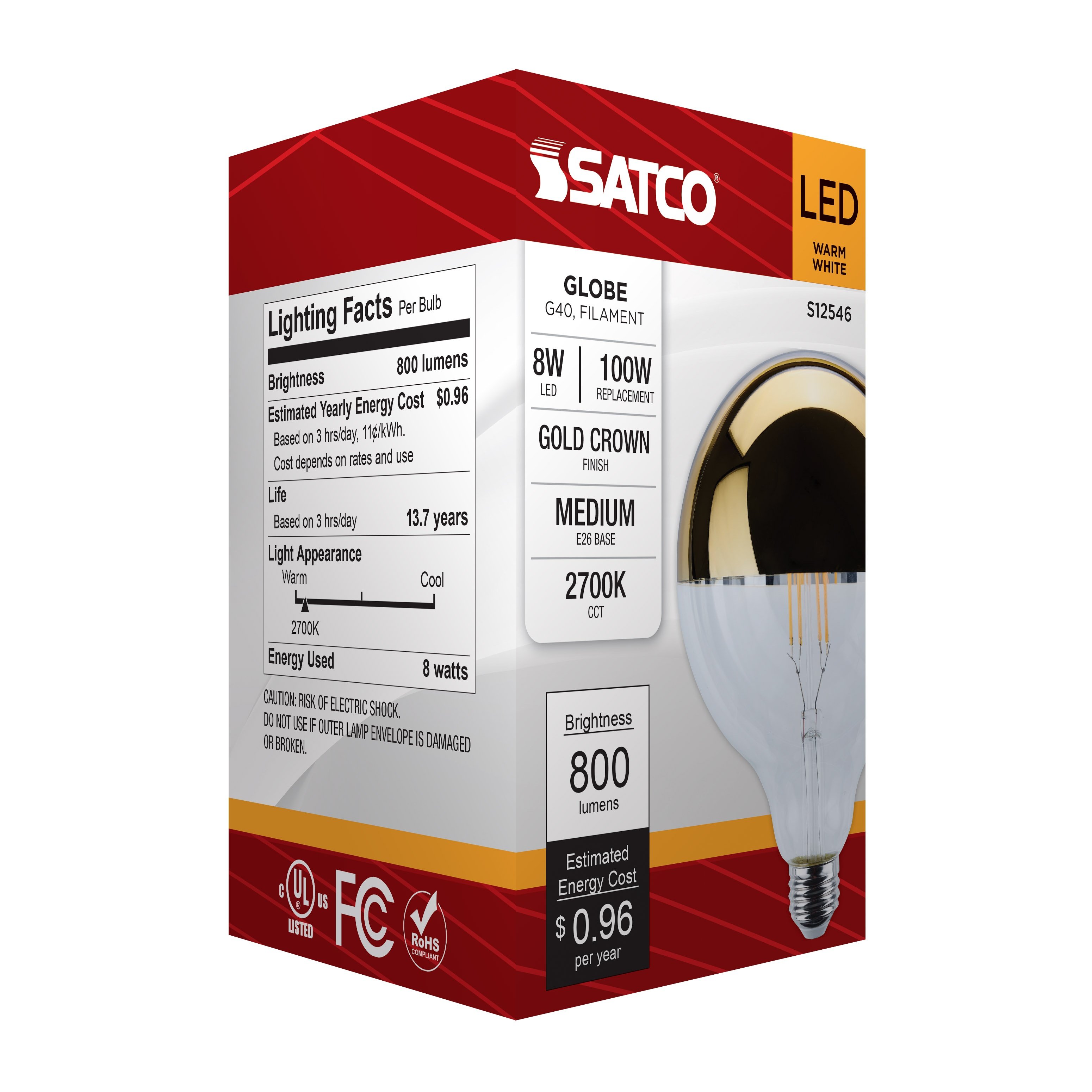 Picture of SAT S12546, 8W G40 LED Medium Base 2700K CCT, Gold Crown