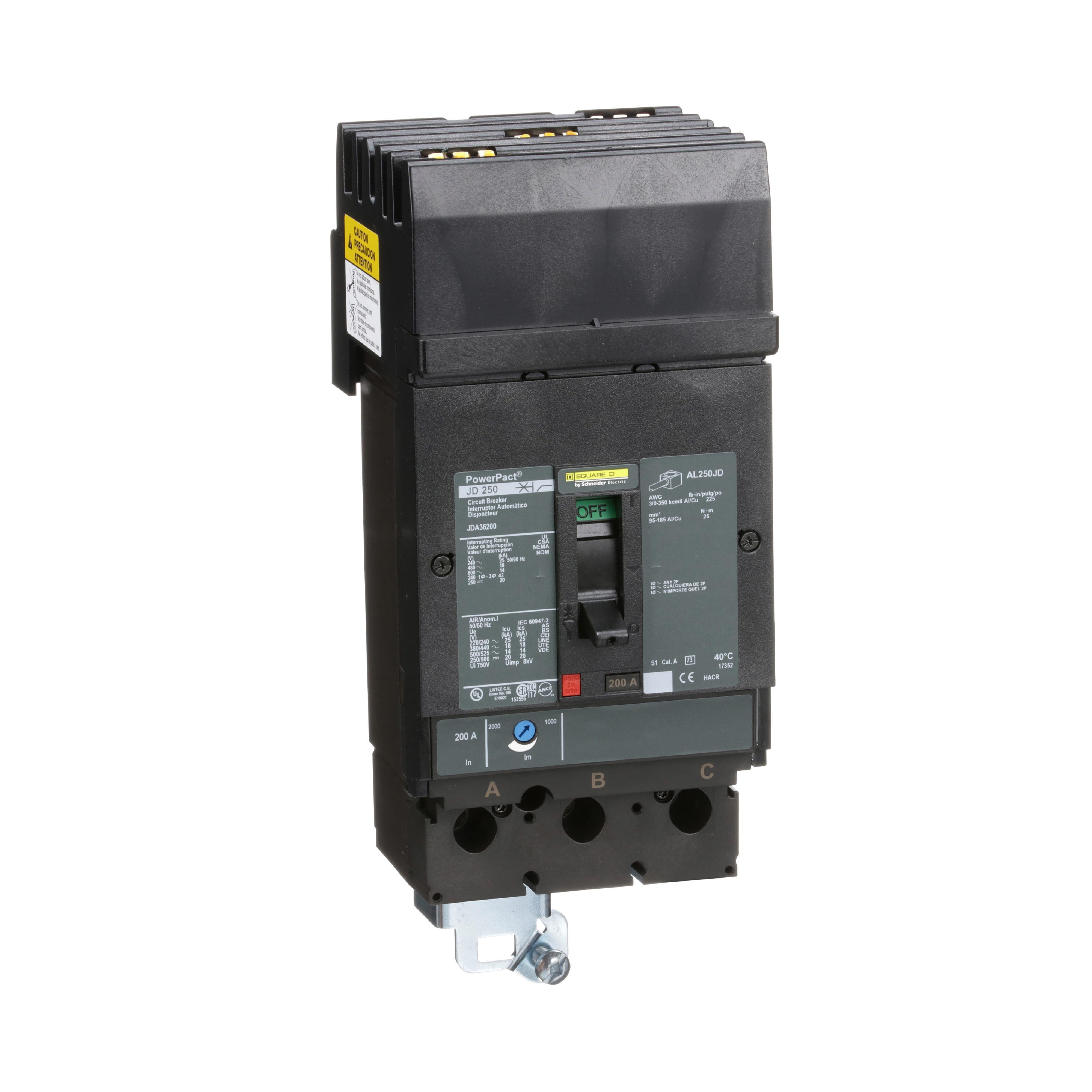 Picture of JDA36200 - Circuit breaker, PowerPacT J, 200A, 3 pole, 600VAC, 14kA, I-Line, thermal magnetic, 80%, ABC