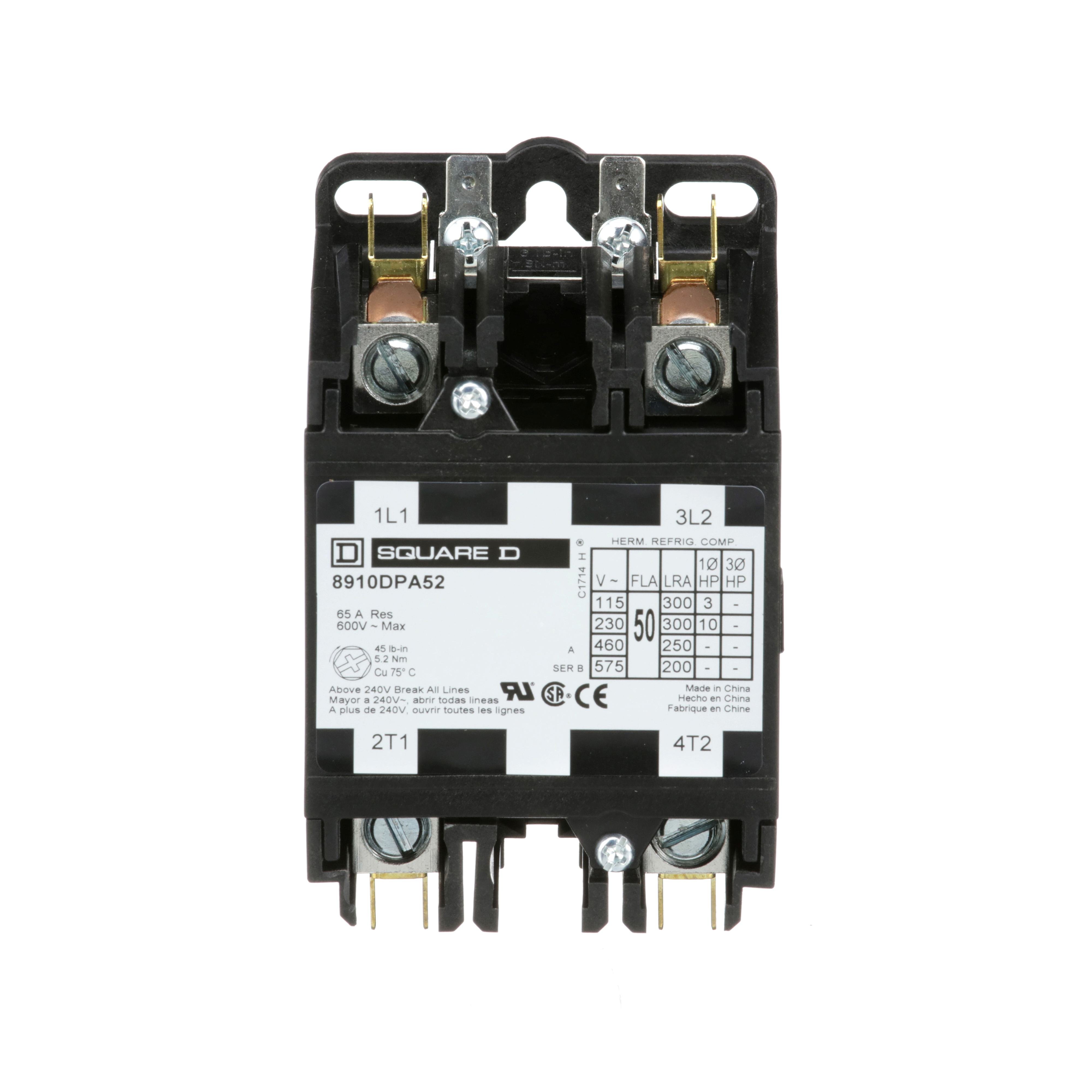 Picture of 8910DPA52V02 - Contactor, Definite Purpose, 50A, 2 pole, 10HP at 230VAC, 1 phase, 110/120VAC 50/60Hz coil, open