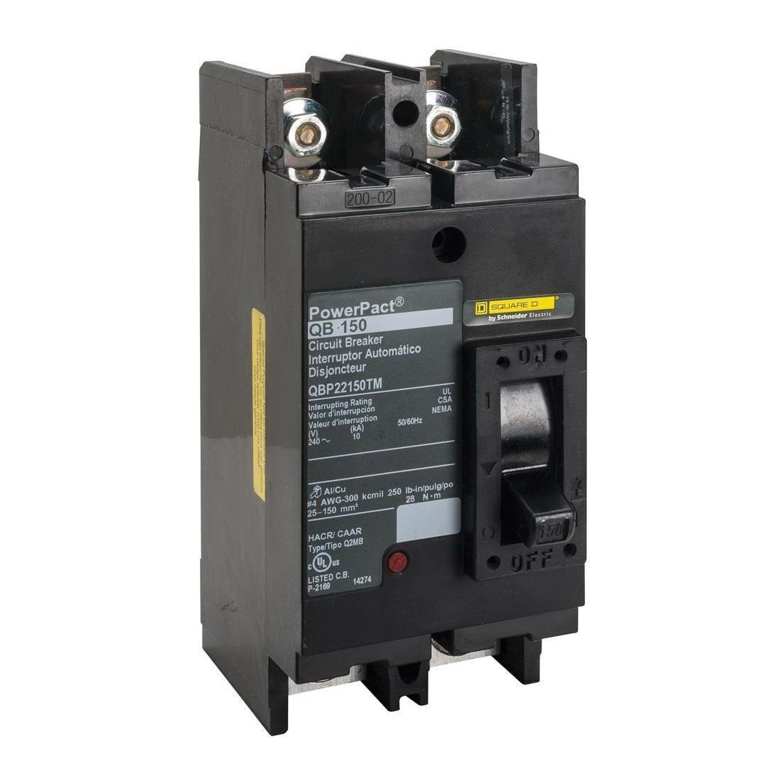 Picture of QDP22150TM - Circuit breaker, PowerPacT Q, 150A, 2 pole, 240VAC, 25kA, lugs, thermal magnetic, 80%, bottom of panel