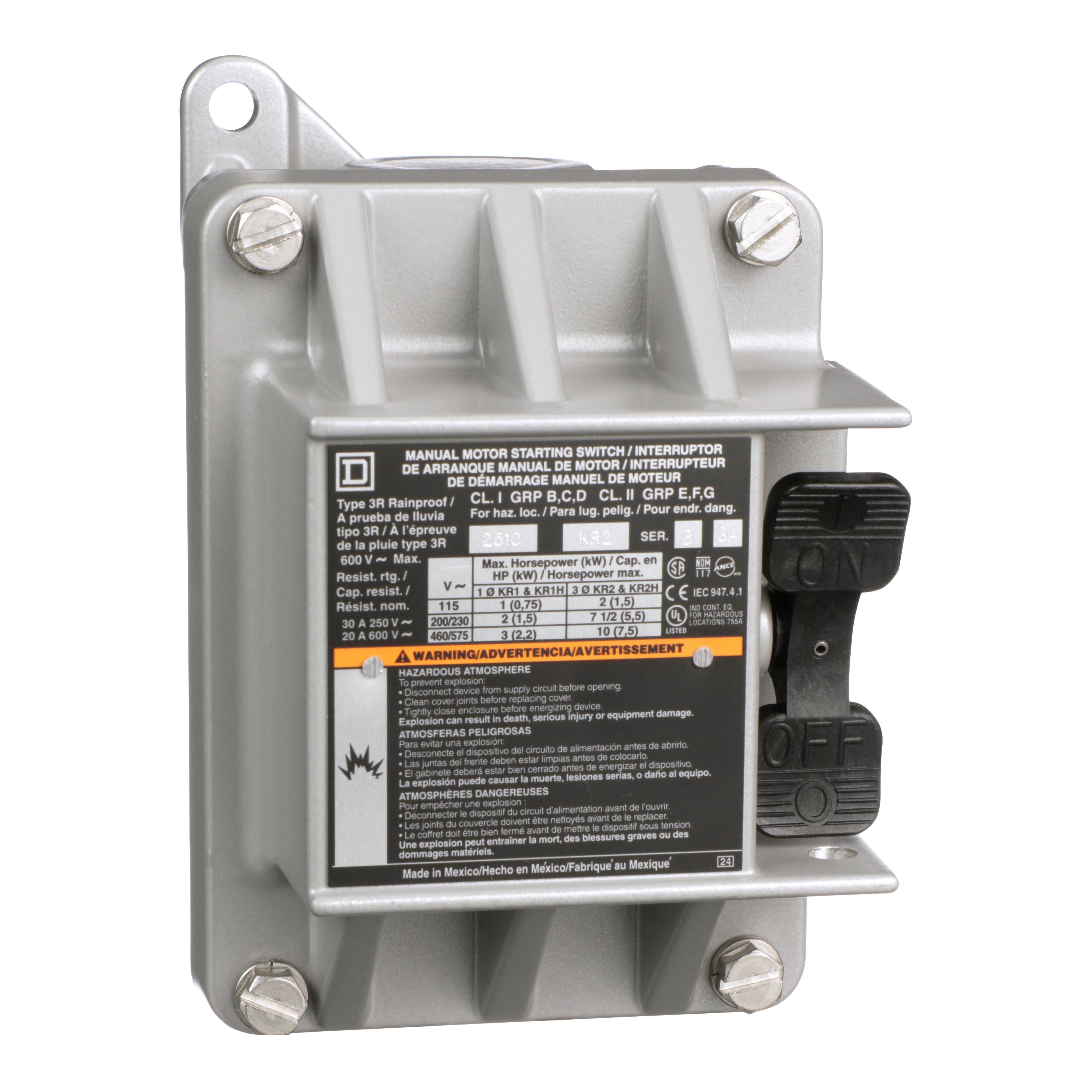 2510KR2 - Switch, manual, 30A, 3 pole, 10 HP at 575 VAC, three phase, toggle operated, no indicator, NEMA 7/9, one conduit opening