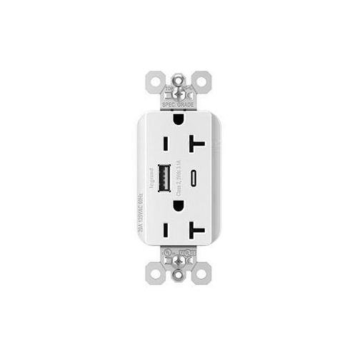 Picture of PTTR20ACUSBW - PlugTail® 20A 125V Commercial Spec-Grade USB Type A/C Outlet, White