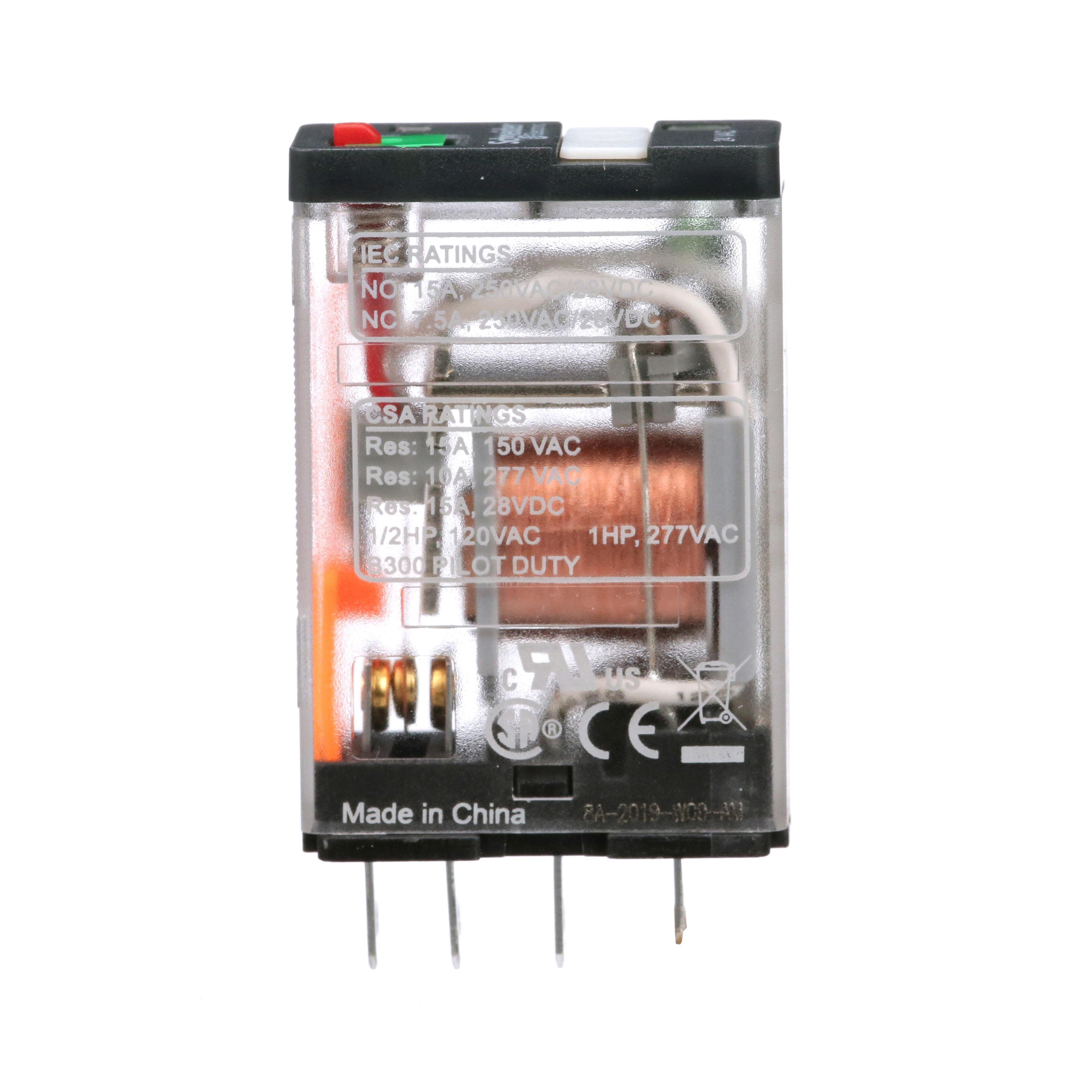 Picture of 781XAXRM4L-24A - Power Relay, General Purpose Relays, SPDT, LED clear cover, lock push button, faston terminals, 15A, 24V AC, 1NC + 1NO