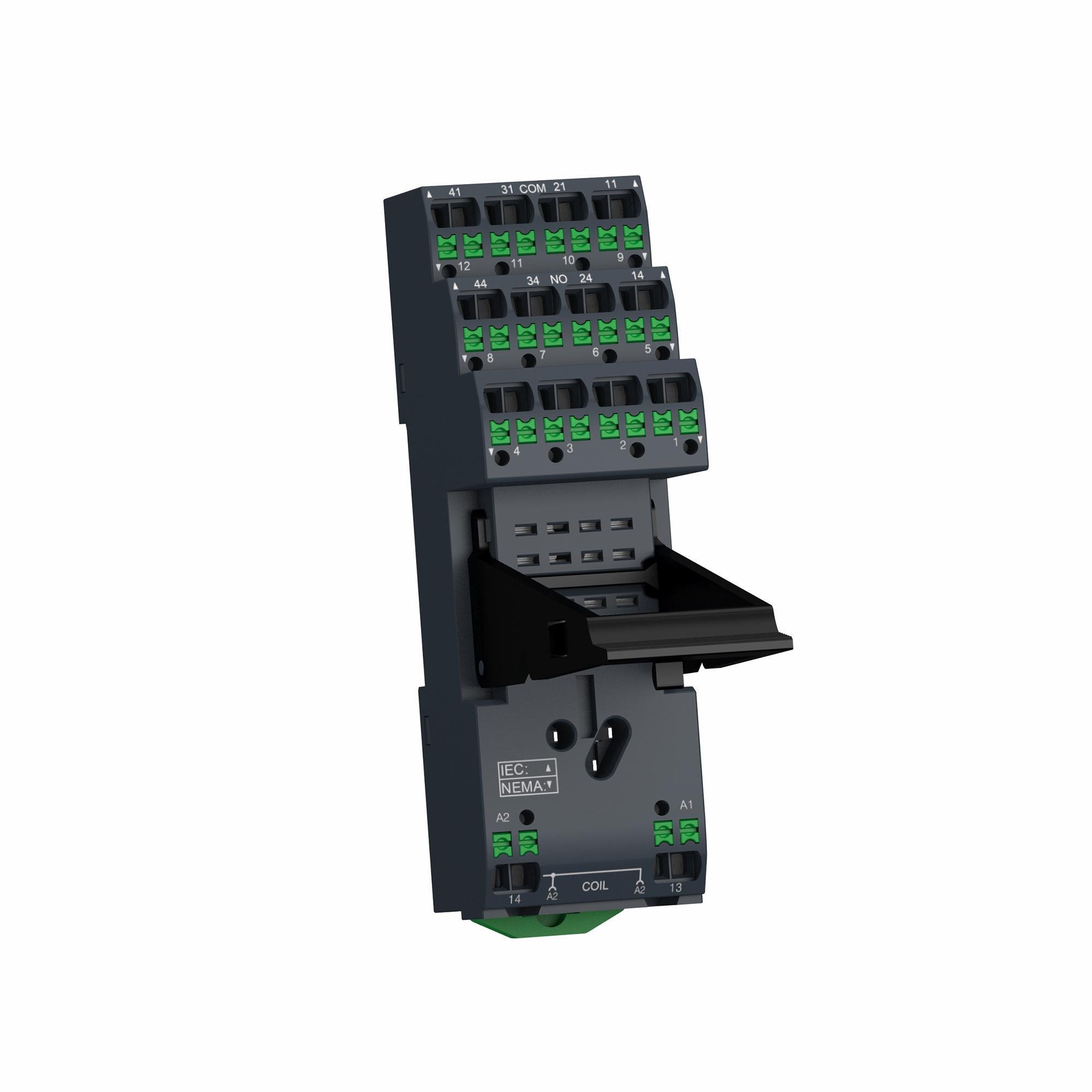 RXZE14P - push in socket with clamp, Harmony Electromechanical Relays, for RXM relays, 12A 2CO, 6A 4CO, push in terminals, separate contact