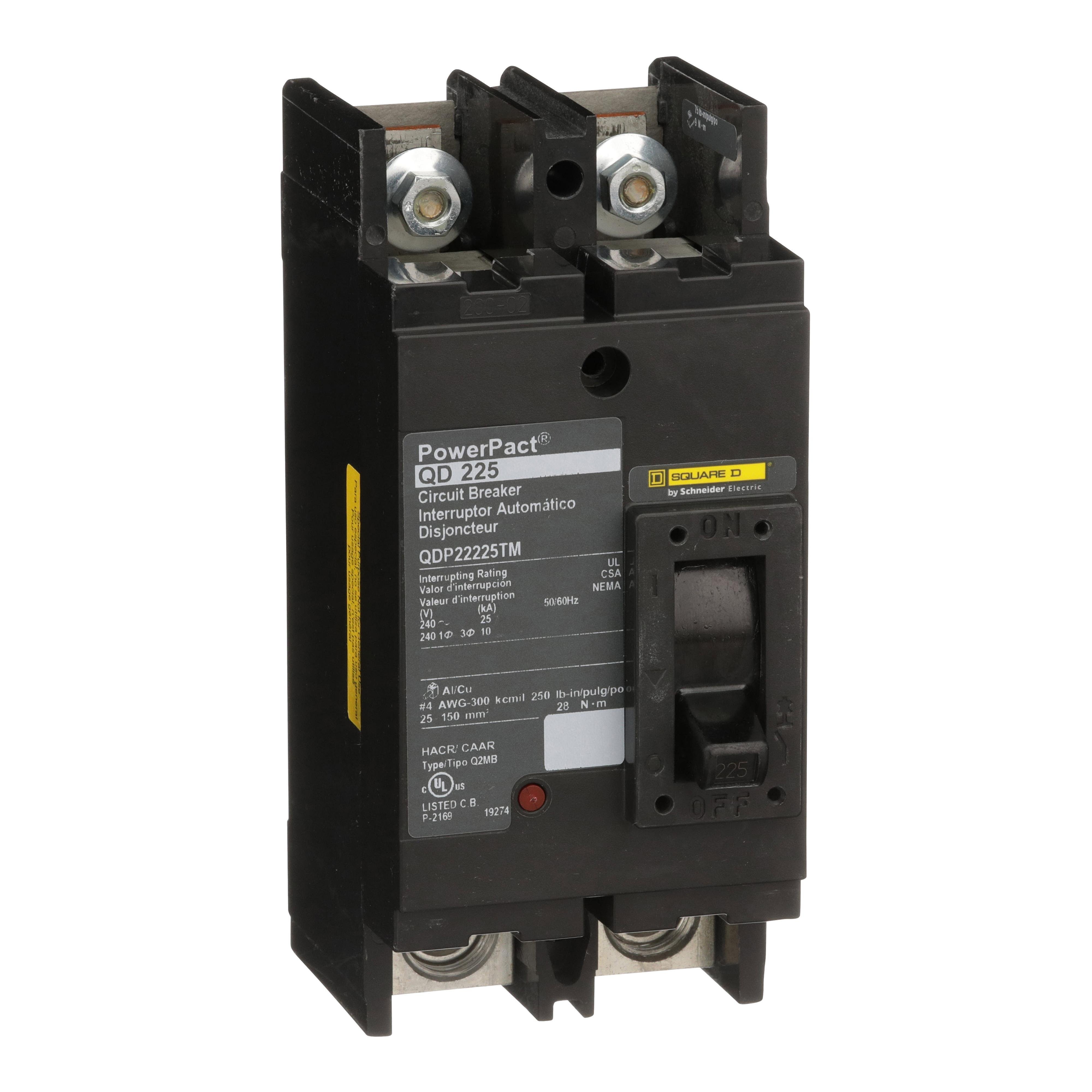 QDP22225TM - Circuit breaker, PowerPacT Q, 225A, 2 pole, 240VAC, 25kA, lugs, thermal magnetic, 80%, bottom of panel