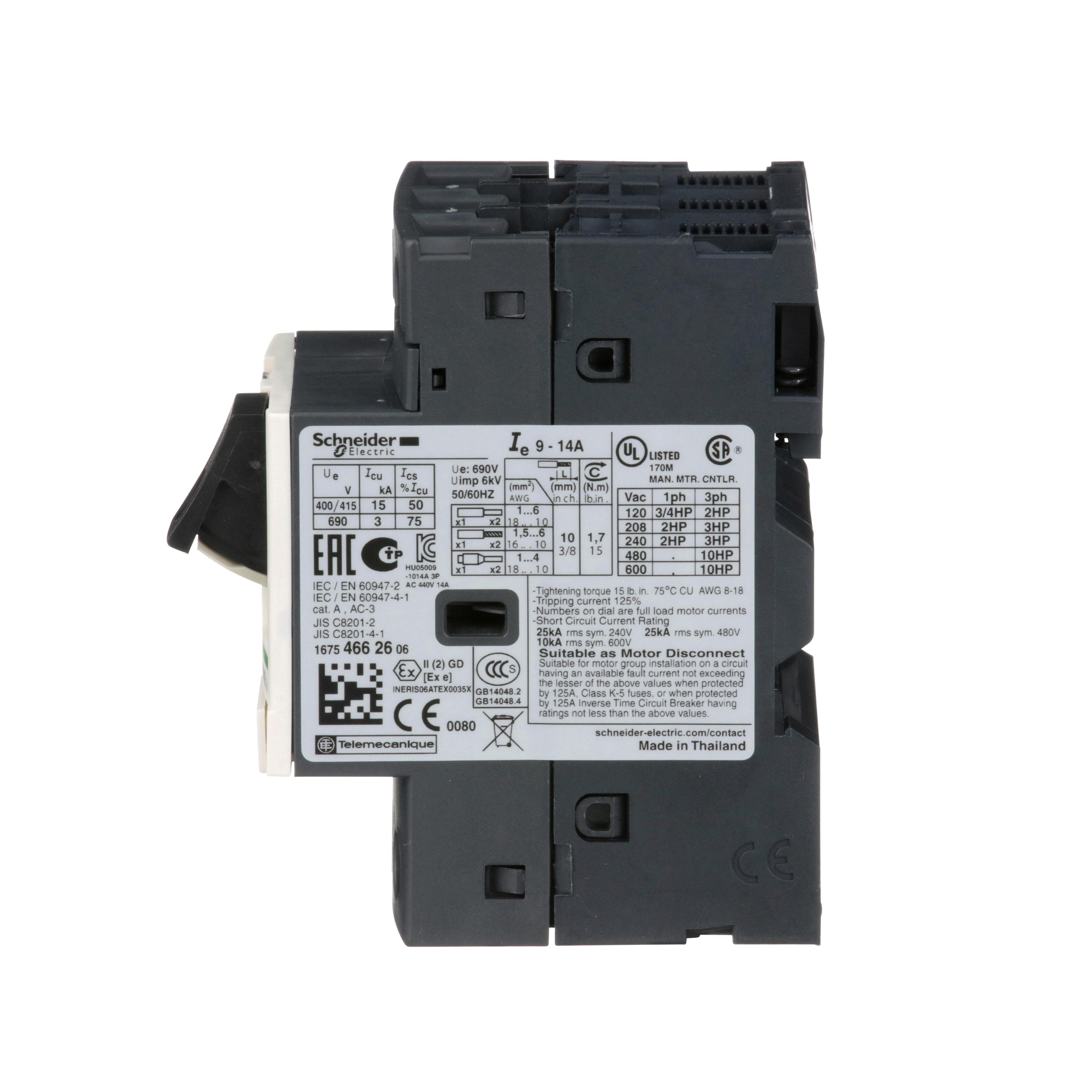 Picture of GV2ME16 - TeSys Deca Manual Starter and Protector, thermal magnetic circuit protector, push buttons, 9 to 14 A, screw clamp