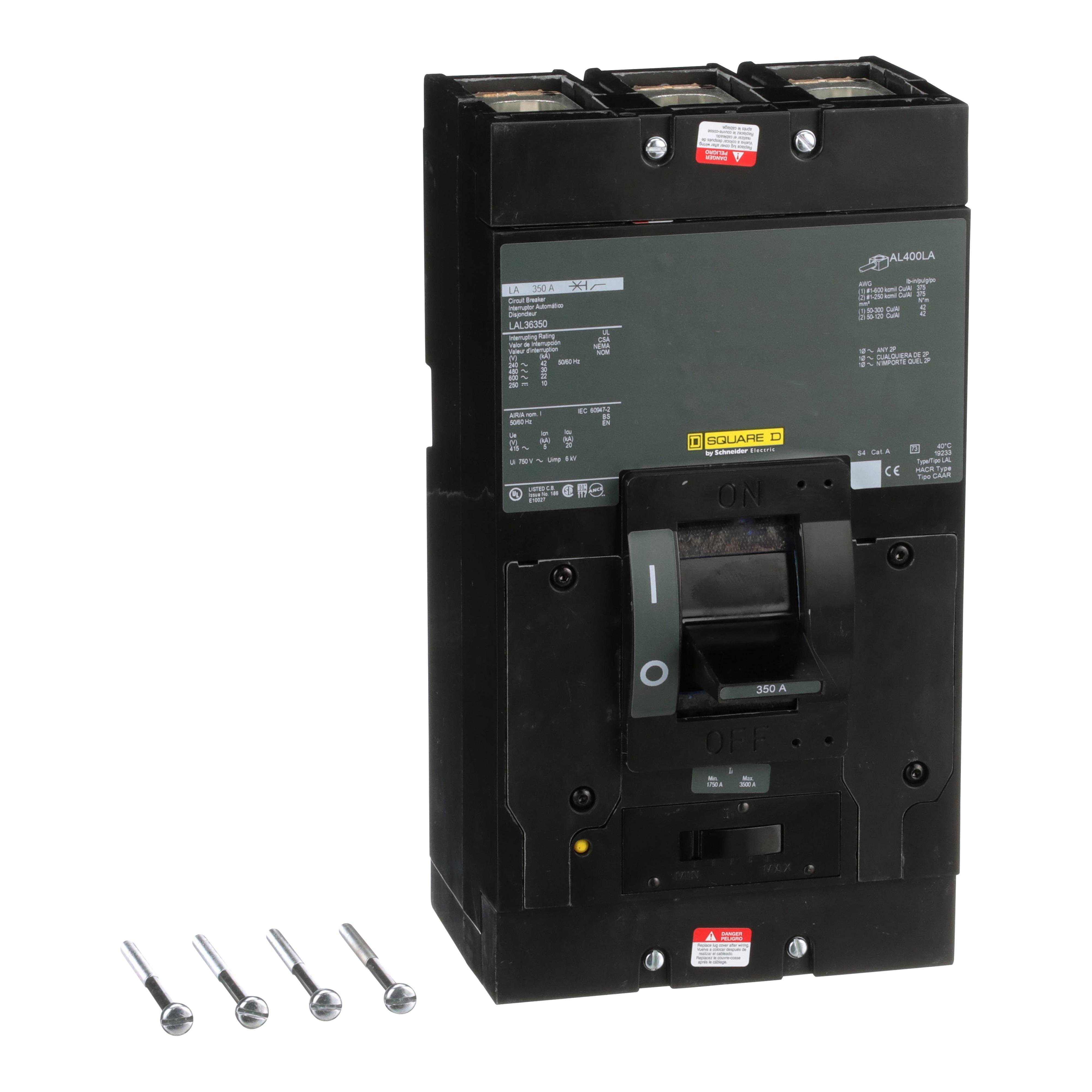 LAL36350 - Circuit breaker, LA, 350A, 3 pole, 600VAC, 22kA, 250VDC, 10kA, lugs, thermal magnetic