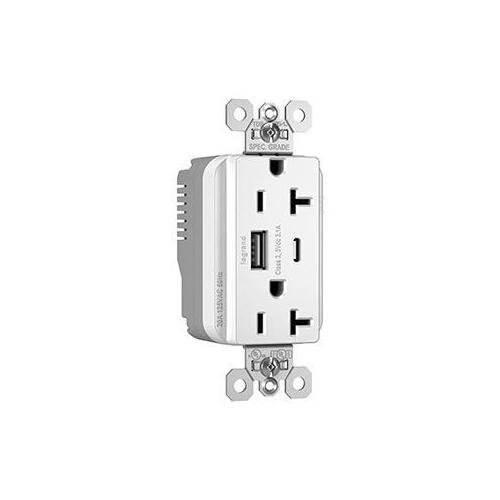 PTTR20ACUSBW - PlugTail® 20A 125V Commercial Spec-Grade USB Type A/C Outlet, White