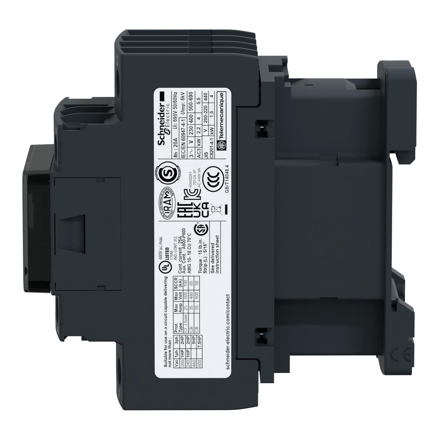 LC1D188G7 - IEC contactor, TeSys Deca, nonreversing, 32A resistive, 4 pole, 2 NO and 2 NC, 120VAC 50/60Hz coil, open style, open style