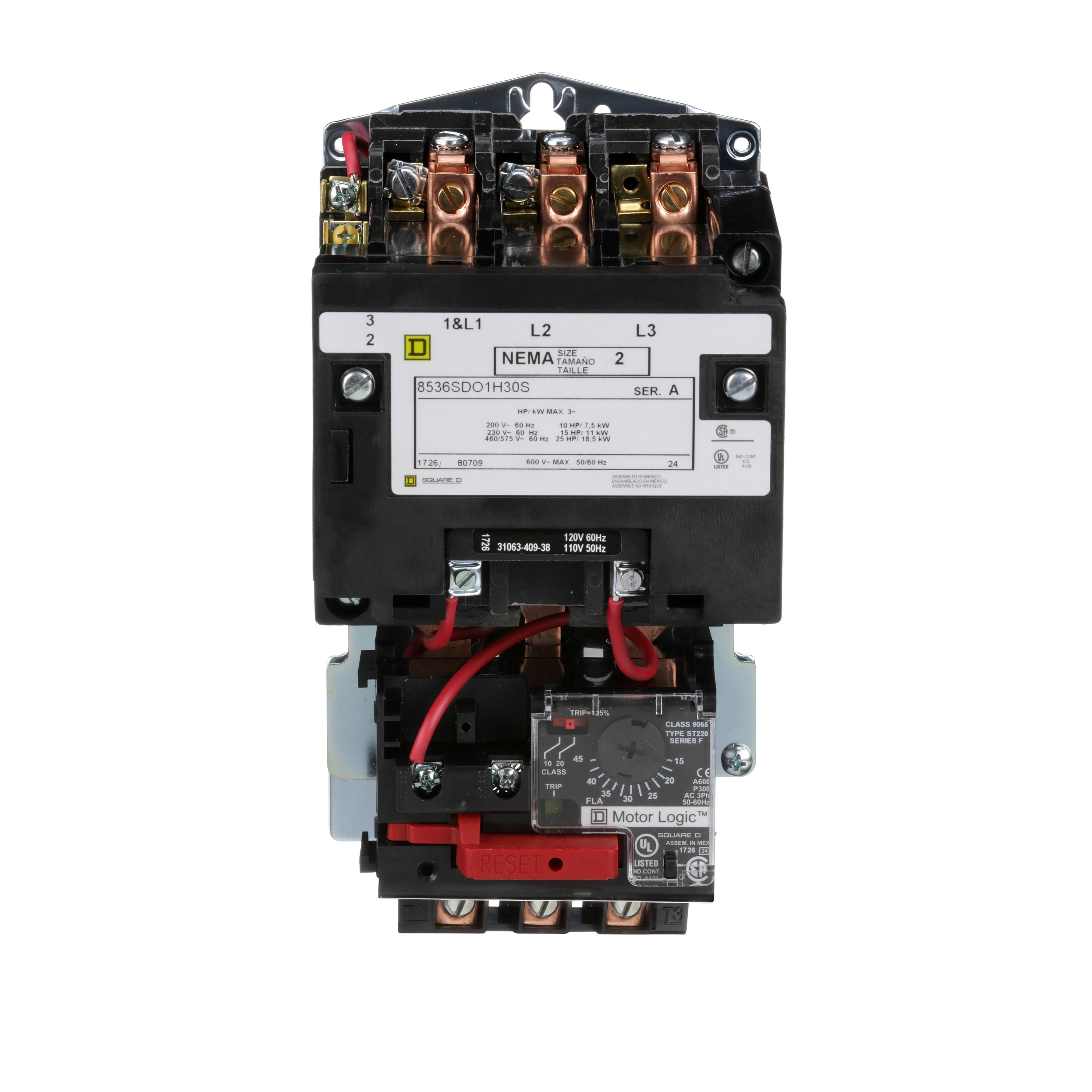 8536SDO1V02H30S - NEMA motor starter, Type S, nonreversing, Size 2, 45A, 25HP at 460VAC, up to 100kA SCCR, 3 phase, 3 pole, Motor Logic, 120VAC coil, open