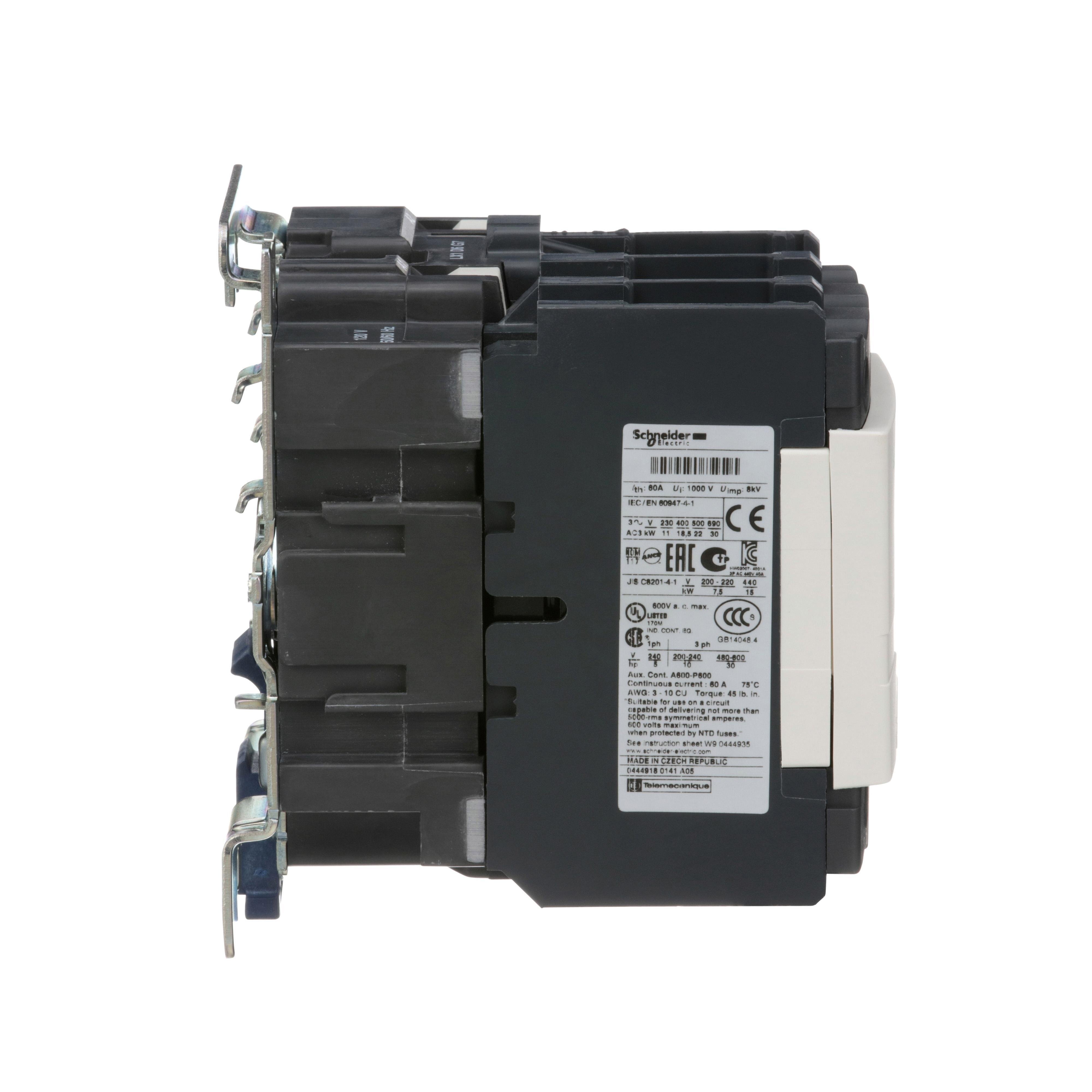 Picture of LC1D40G7 - TeSys D IEC contactor, 40 A, 3 P, 30 HP at 480 VAC, nonreversing, 120 VAC 50/60 Hz coil