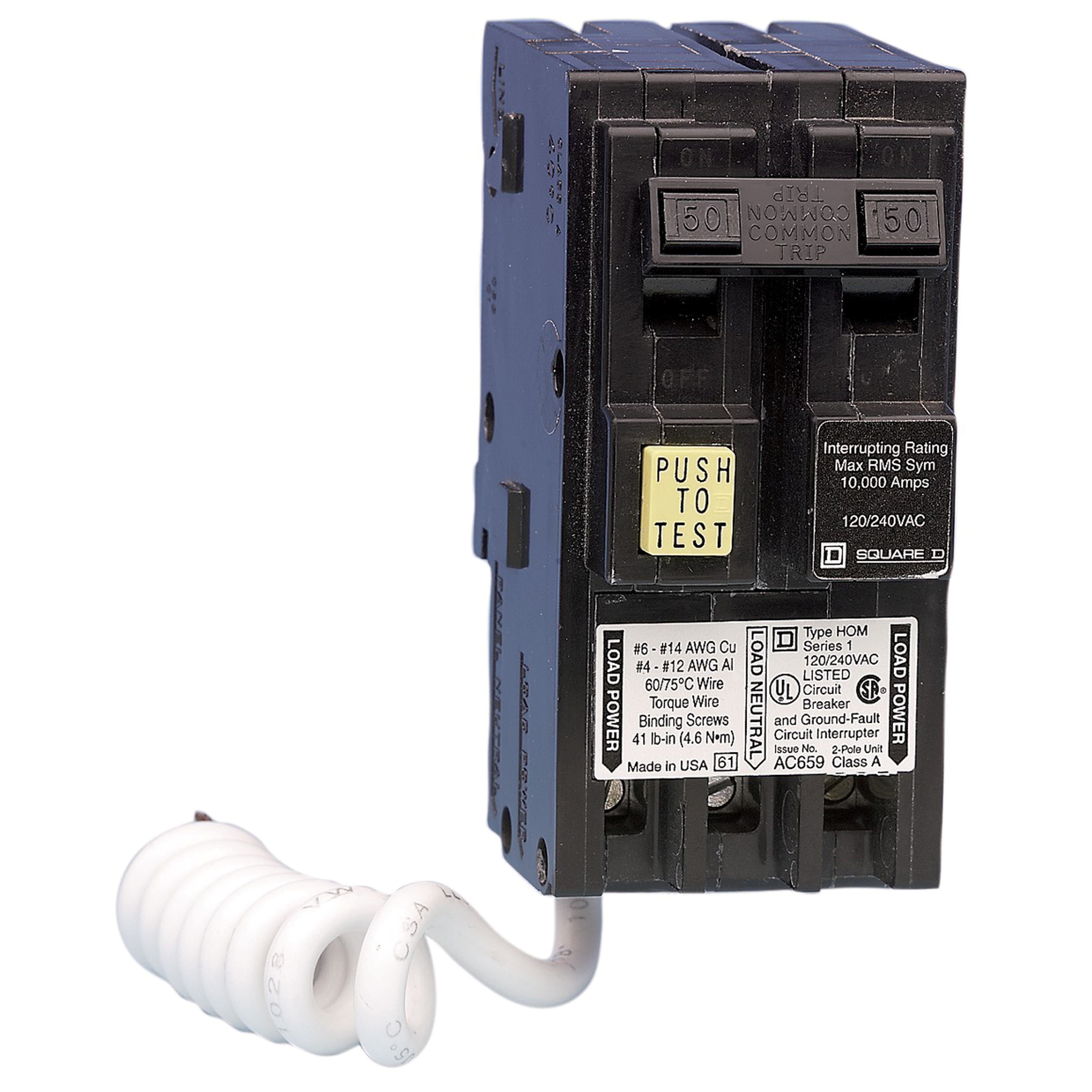 HOM250GFICP - Mini circuit breaker, Homeline, 50A, 2 pole, 120/240VAC, 10kA AIR, ground fault class A, plug in, UL [TAA]