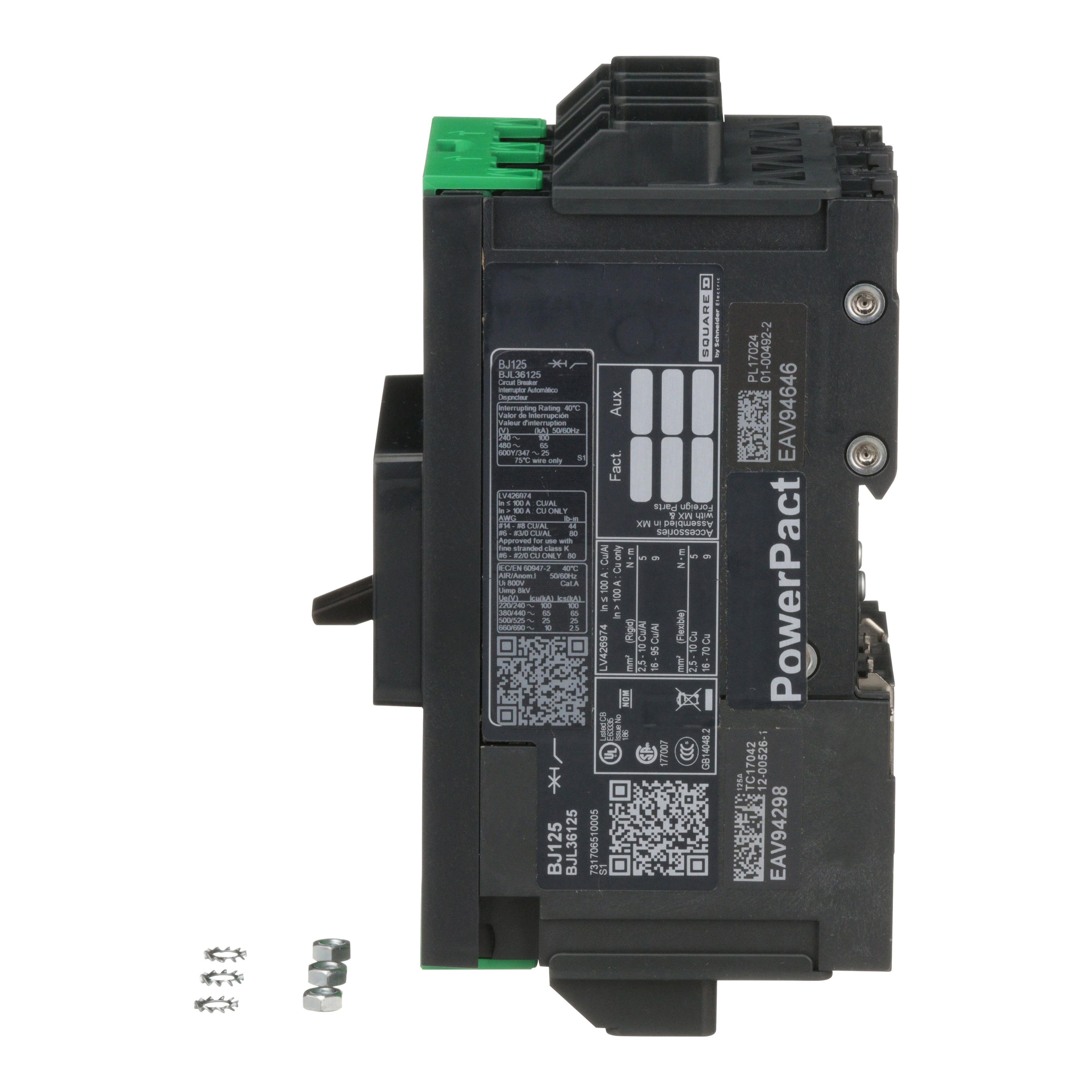 Picture of BJL36125 - Circuit breaker, PowerPacT B, 125A, 3 pole, 600Y/347VAC, 25kA, lugs, thermal magnetic, 80%