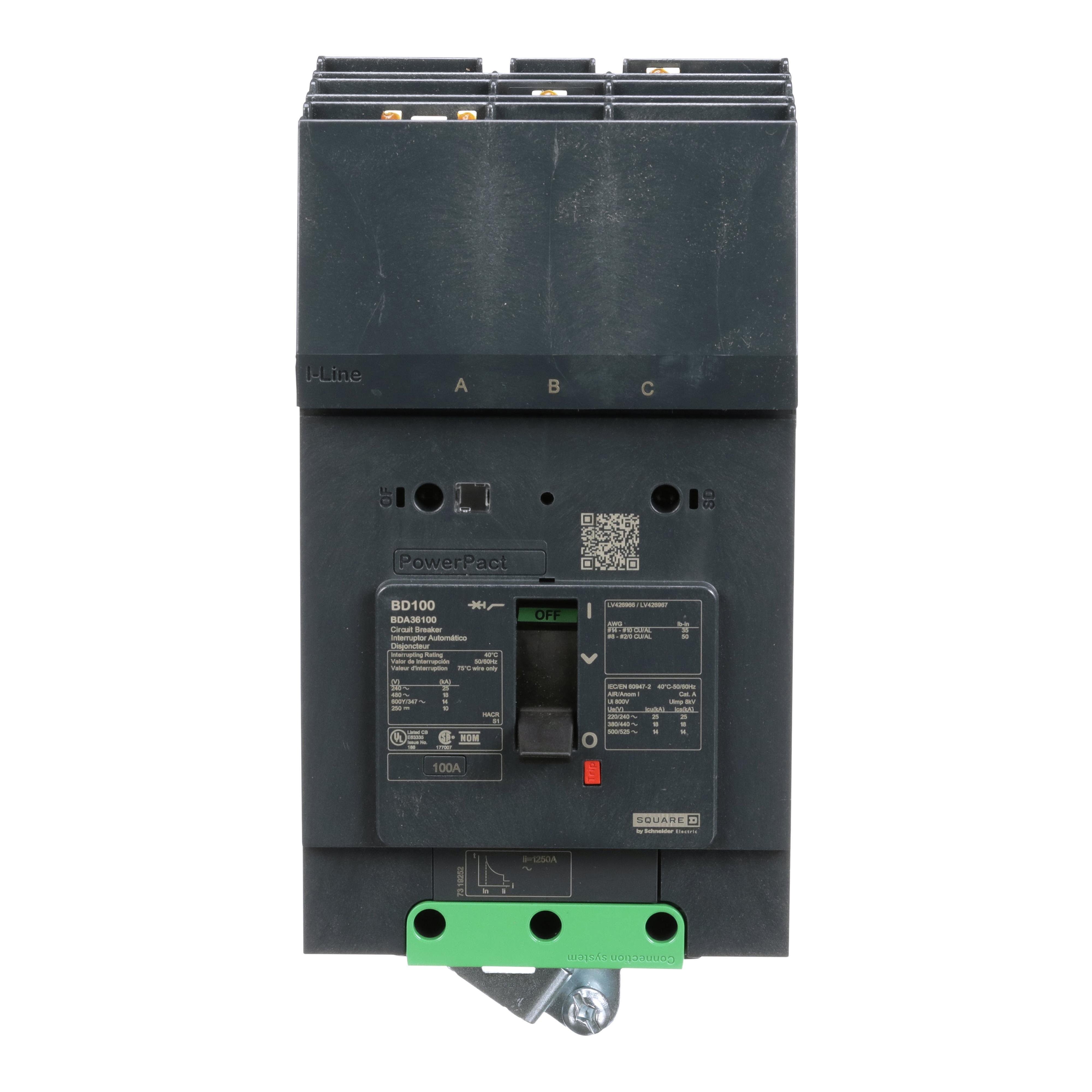 Picture of BDA36100 - Circuit breaker, PowerPacT B, 100A, 3 pole, 600Y/347VAC, 14kA, I-Line, thermal magnetic, 80%, ABC