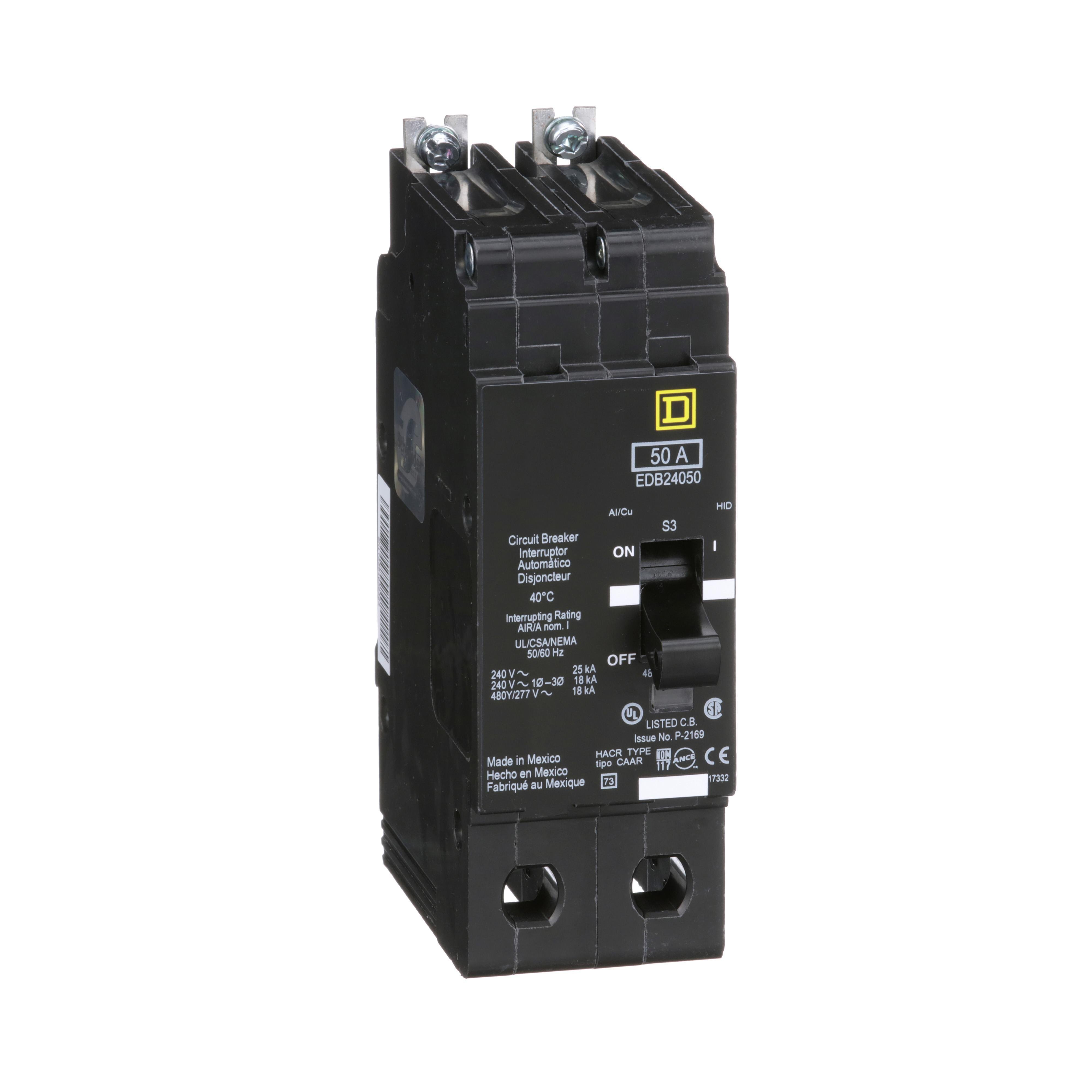 EDB24050 - [TAA] Mini circuit breaker, E-Frame, 50A, 2 pole, 480Y/277VAC, 25kA max, bolt on
