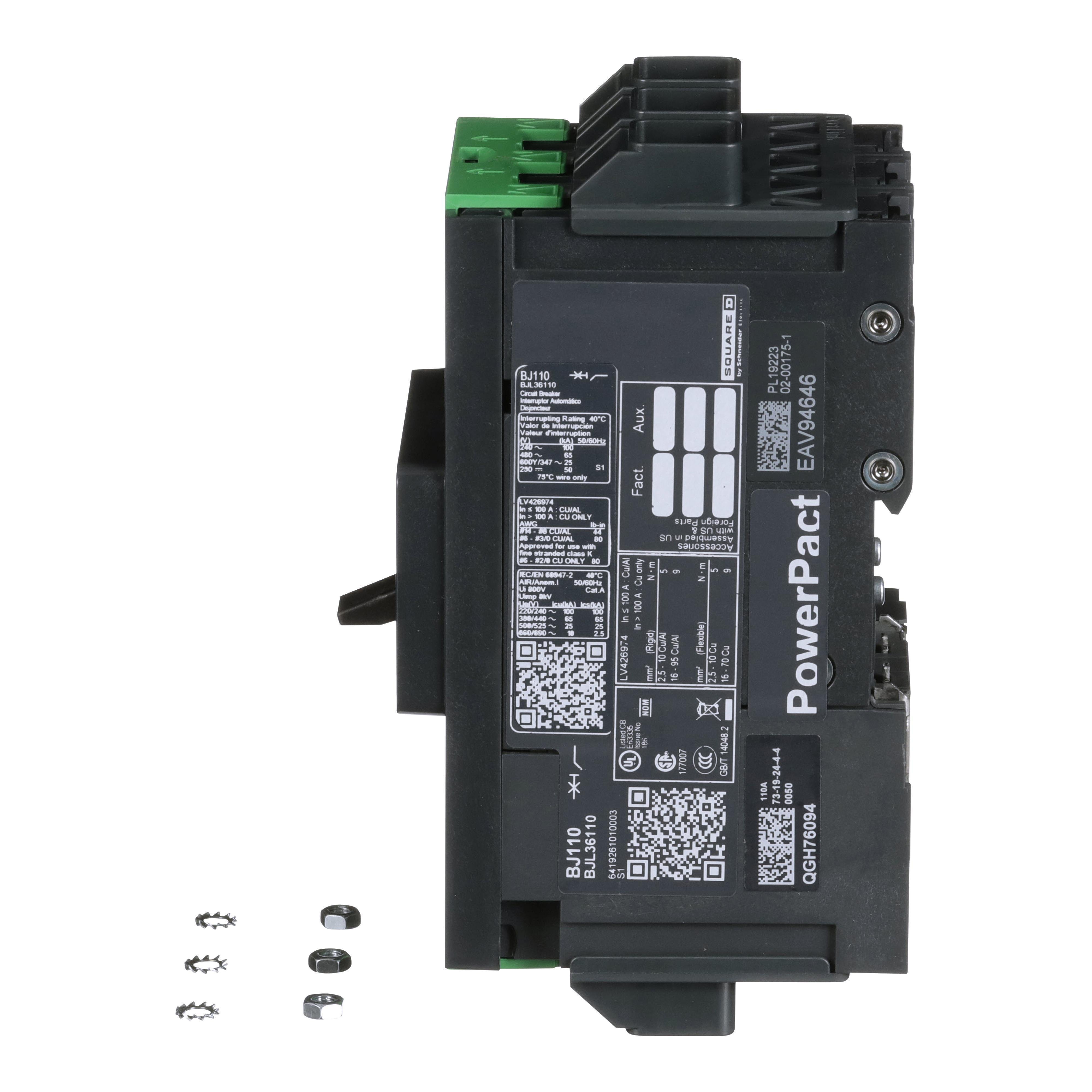 Picture of BJL36110 - Circuit breaker, PowerPacT B, 110A, 3 pole, 600Y/347VAC, 25kA, lugs, thermal magnetic, 80%