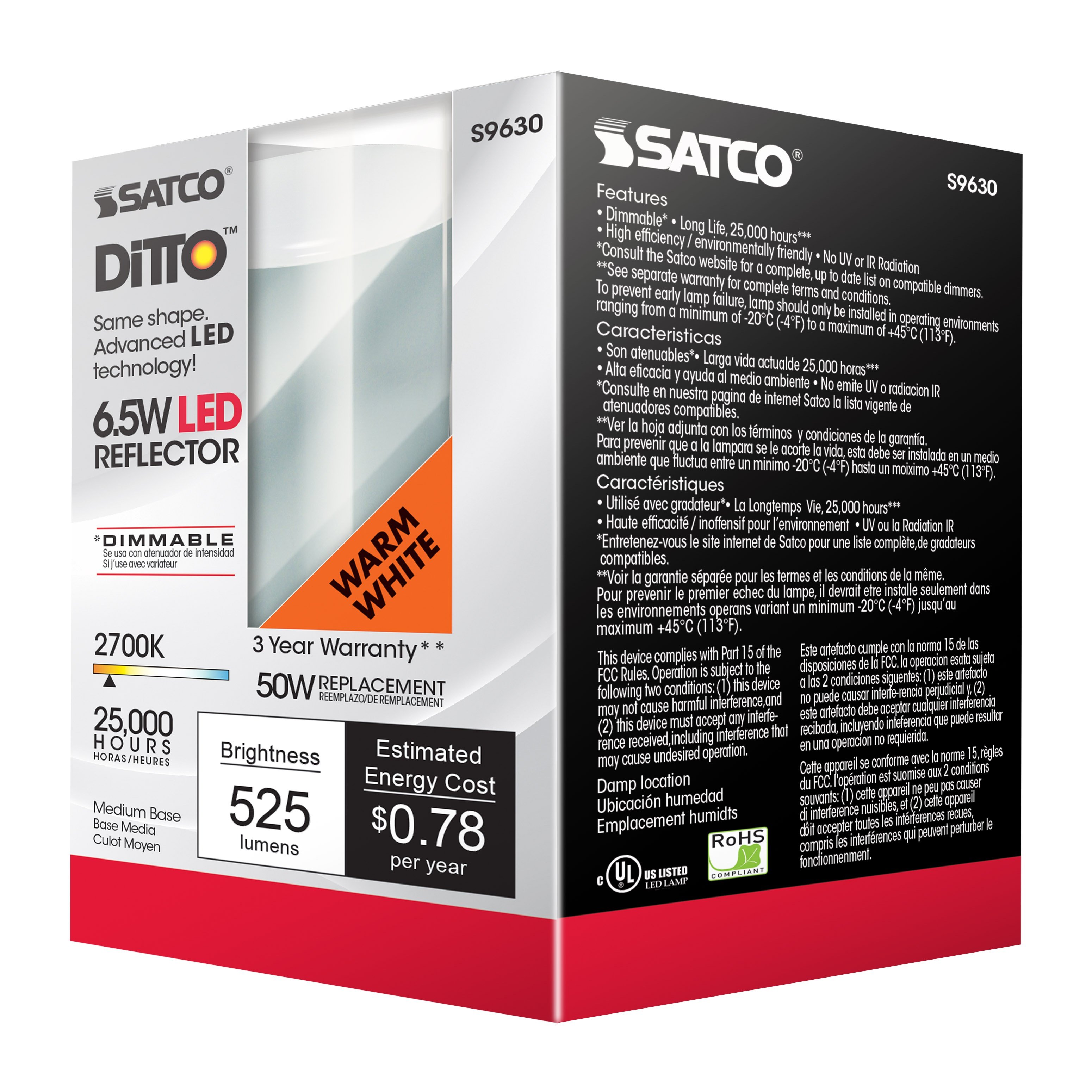 Picture of S9630 - 6.5 Watt - LED R20 - 2700K - 107 deg. Beam Angle - Medium base - 120 Volt - Dimmable