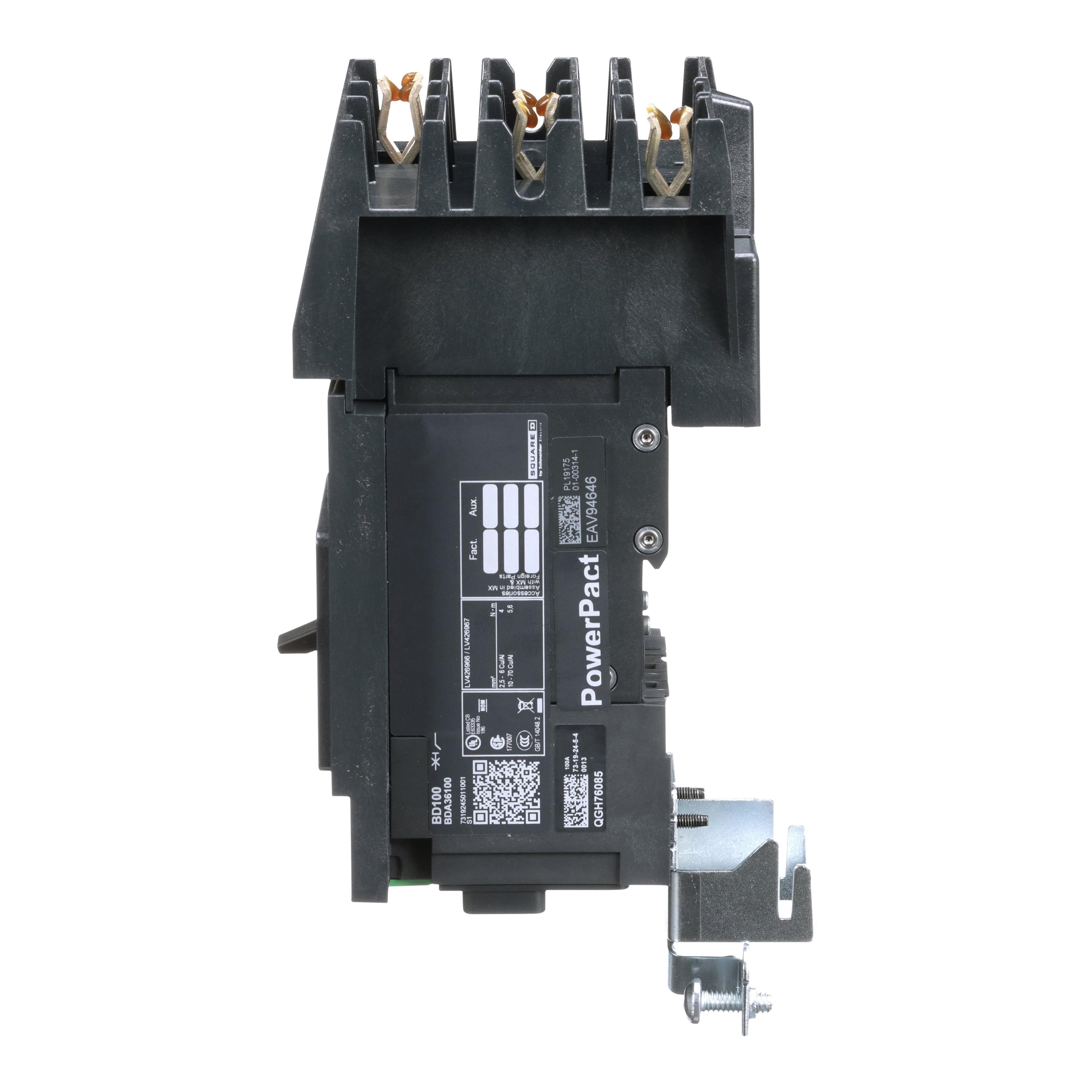 Picture of BDA36100 - Circuit breaker, PowerPacT B, 100A, 3 pole, 600Y/347VAC, 14kA, I-Line, thermal magnetic, 80%, ABC