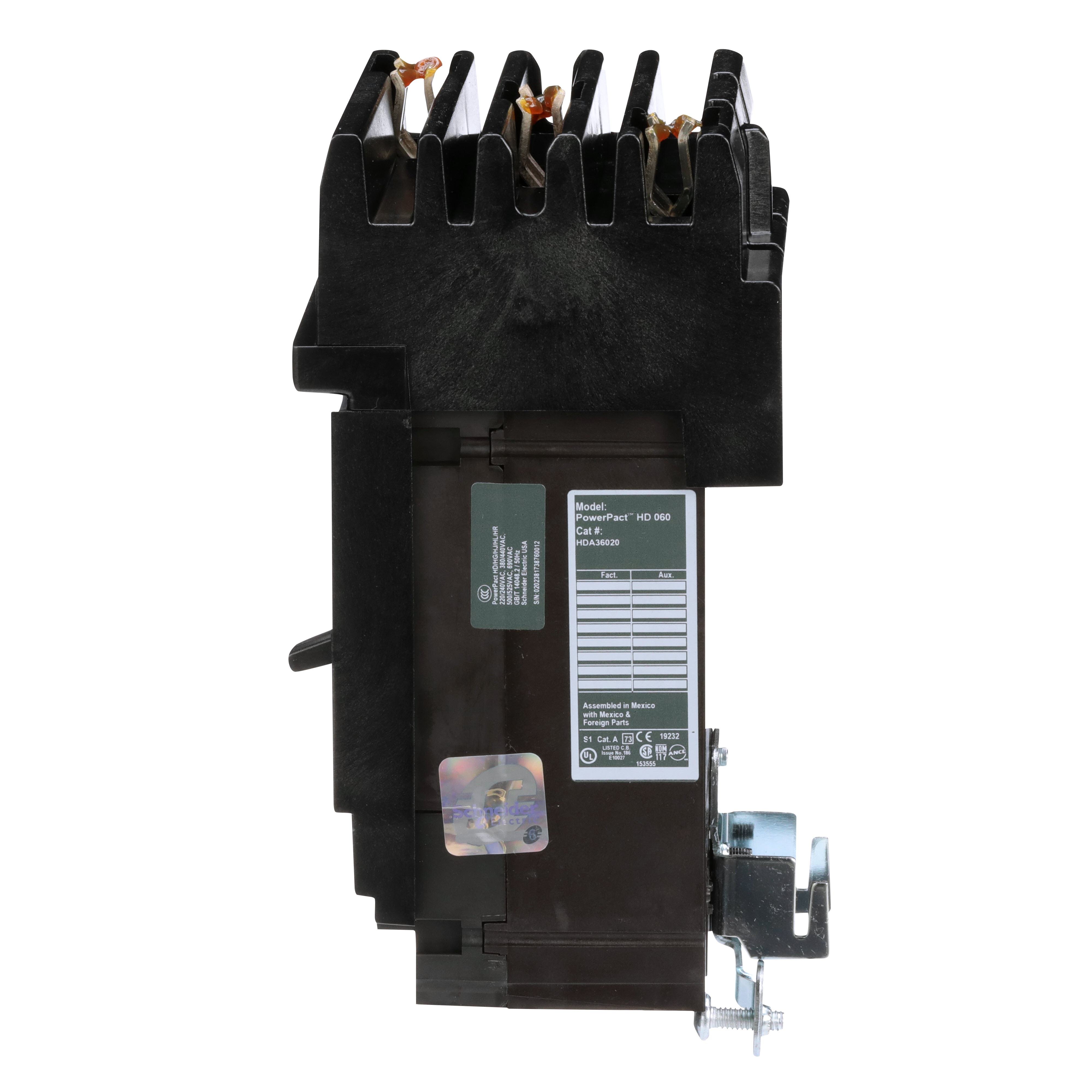 Picture of HDA36020 - Circuit breaker, PowerPacT H, 20A, 3 pole, 600VAC, 14kA, I-Line, thermal magnetic, 80%, ABC