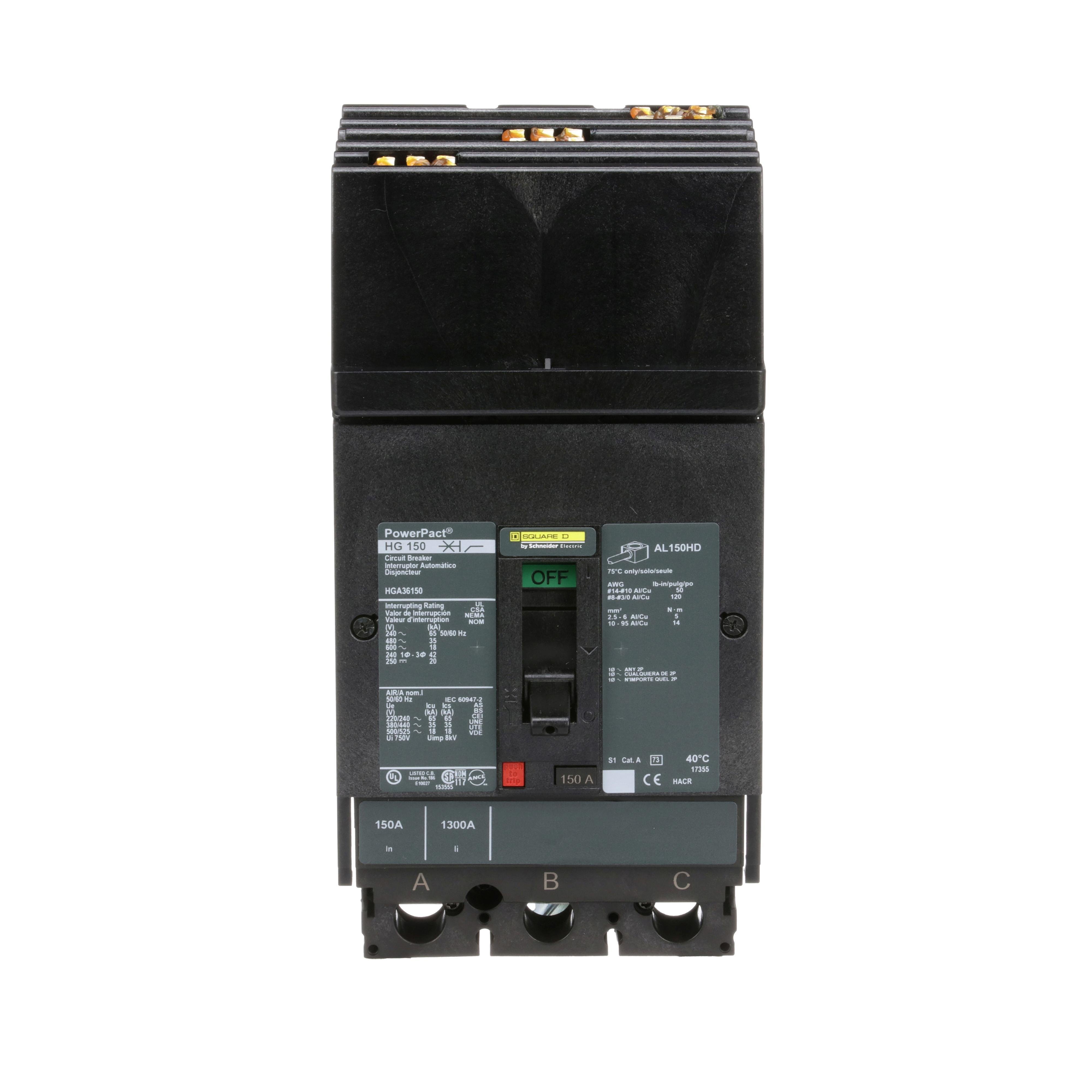Picture of HGA36150 - Circuit breaker, PowerPacT H, 150A, 3 pole, 600VAC, 18kA, I-Line, thermal magnetic, 80%, ABC