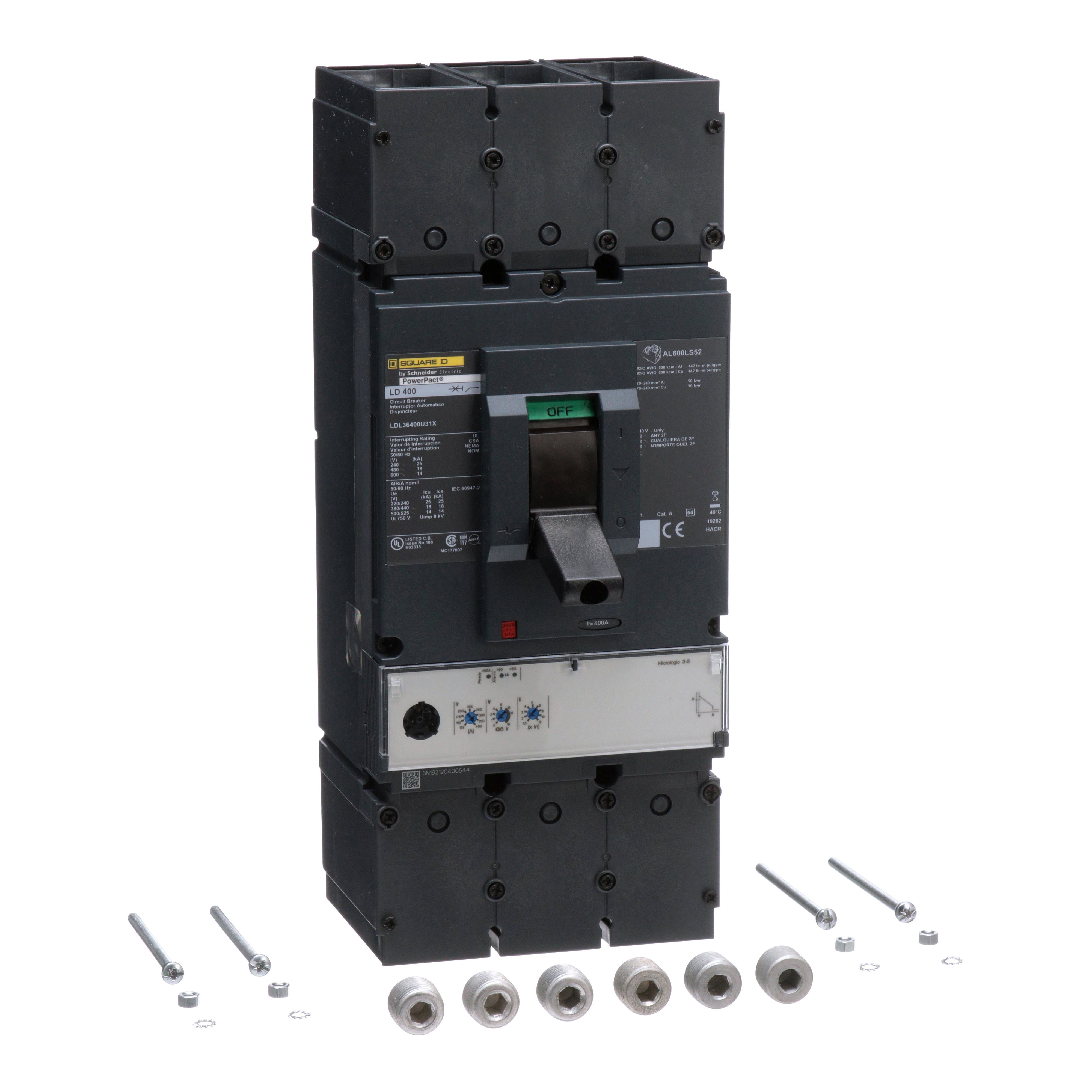 LDL36400U31X - Circuit breaker, PowerPacT L, 400A, 3 pole, 600VAC, 14kA, lugs, MicroLogic 3.3, 80%