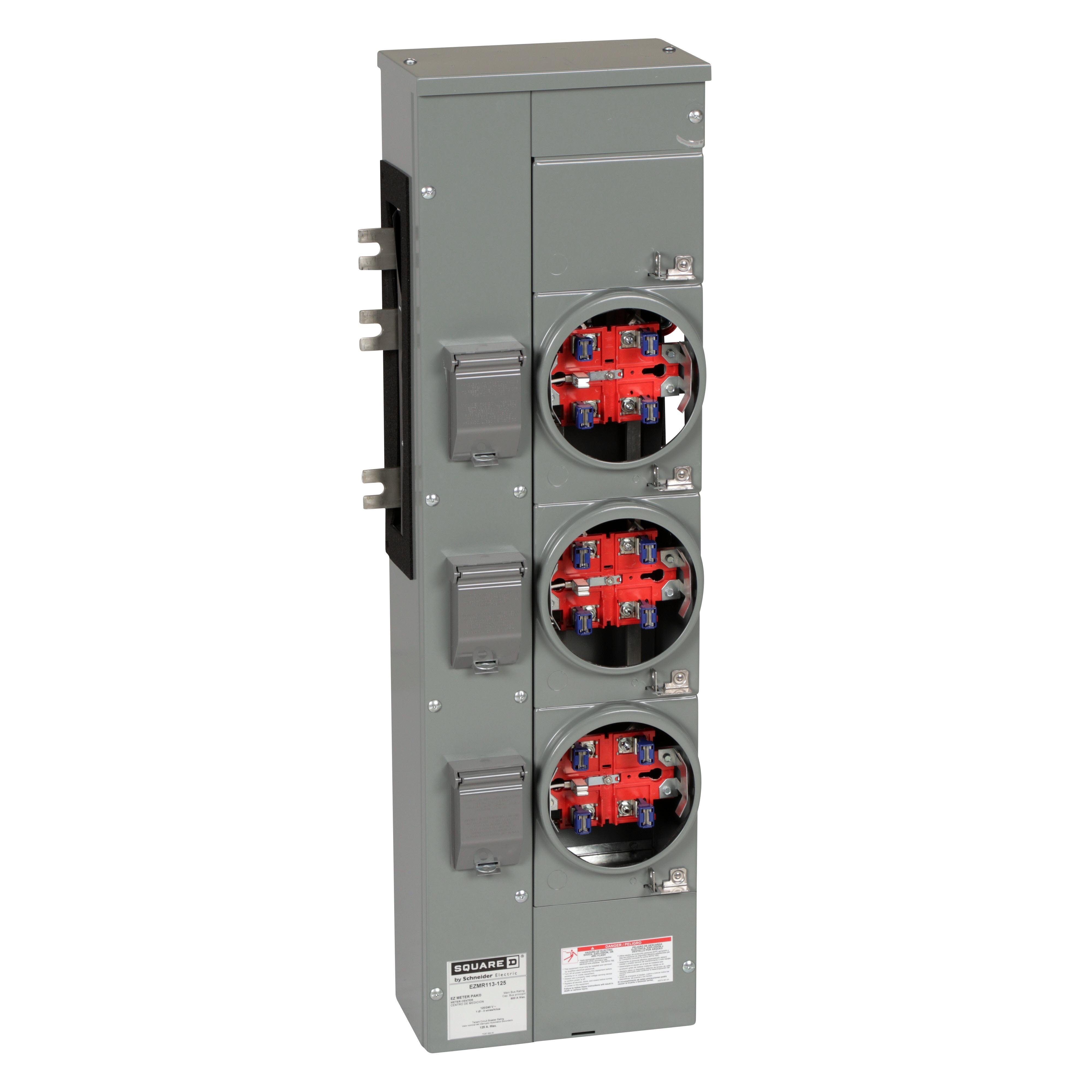EZMR113125 - Branch unit, EZ Meter-Pak, 125A, 3 x 5 jaw sockets, 120/240VAC, no bypass, ringless, 800A Al busbar